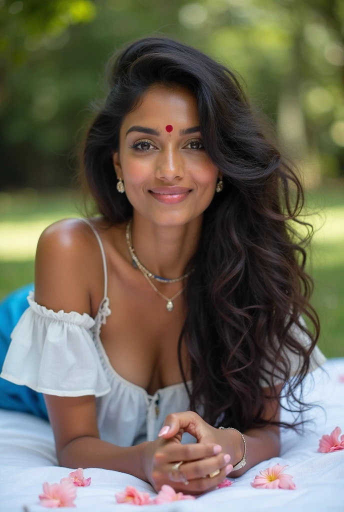 (((HD photo))), ultra high res.photorealistic:. 1.4, UHD, masterpiece, trending on artstation, portrait, 1girl, pretty, cute face, most beautiful in the world, soft, delicate, wavy blonde hair, large huge breasts, a vibrant Indian woman with olive skin and dark hair styled in loose waves. She has striking, almond-shaped eyes with bold eyebrows and intense,. Her lips are painted in a subtle, natural color, A carefree Pakistani woman with a contagious laugh lies amidst a field of brightly colored wildflowers. She wears  bra. The camera (50mm lens, unzoomed) captures her from a low angle, framing her against the vastness of the flower field. The sunlight creates a natural spotlight on her joyful expression