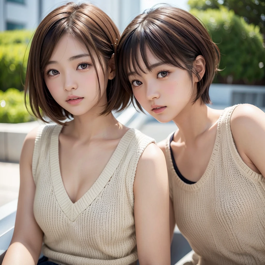 Very realistic photos,high resolution,High resolution,Detailed face,Japanese women,Group of 2,20-year-old,Photographed in natural light,In town,Tokyo,Looking into the camera,楽しそうなsmile,Natural clothing,Sleeveless dress,There are two people on camera,On the right is a short haircut,On the left is a hairstyle with long hair,Upper Body,smile,The person on the left has long hair.,The color of the dress is white