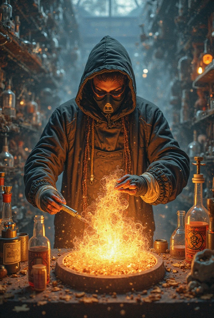 Images of a fantasy character being exercised in a straitjacket, chained and muzzled, making potions with nuclear liquids