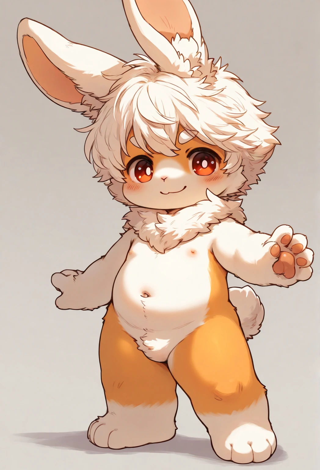 kemoshota, mascot boy, mascot, dynamic angle, white rabbit boy, rabbit body features, tail, whiskers, short statue, short height, paws, naked, kindergarten pool, open legs, splashing water, shiny water, water drops, sweat, innocent smile, open mouth
