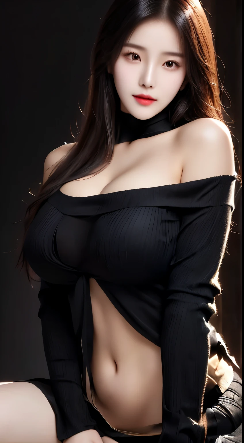 a close up of a woman in a black top and skirt, breasts covered and sfw, gorgeous chinese model, gorgeous young korean woman, korean girl, open v chest clothes, seductive tifa lockhart portrait, beautiful south korean woman, cleavage, black top, korean woman, with large breasts, asian girl, sfw huge breasts, busty, with a large breasts