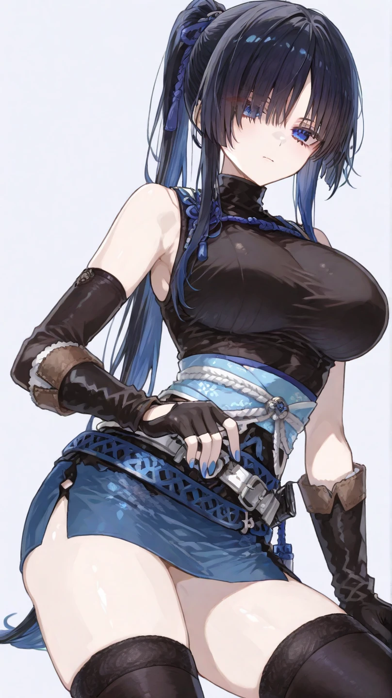 <lora:ako_(dress)_sd15v2:1>,ako, 1girl, solo, large breasts, halo, white background, alternate costume, chain, hand on hip, looking at viewer, cleavage, shackles, simple background, hairband, upper body, sideboob, closed mouth, hair between eyes, blue dress, blush, bangs, bare shoulders, nail polish, sleeveless
