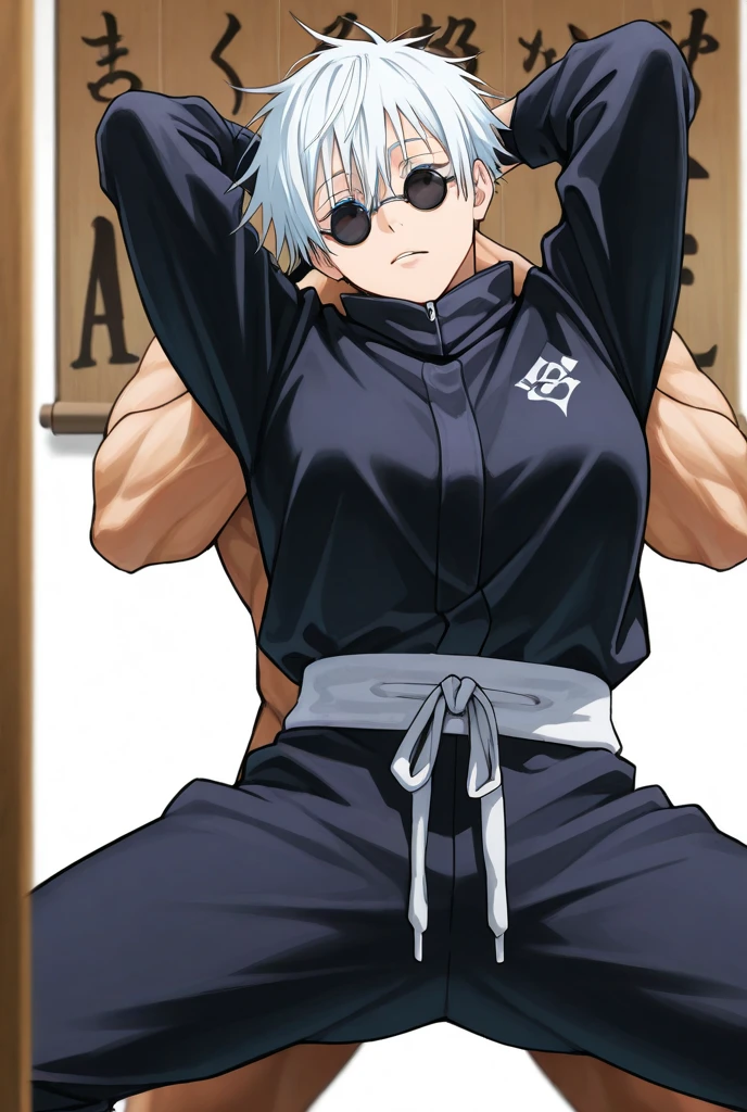 1man,masterpiece best quality, Chubby, Belly, Round face, from front, white hair,, Casual clothes, Simple white background , small black horns, solid purple eyes,