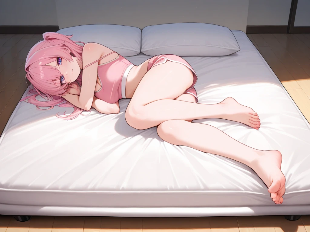 Light pink hair Red Ahoge dark purple and orange eyes teats Red mesh