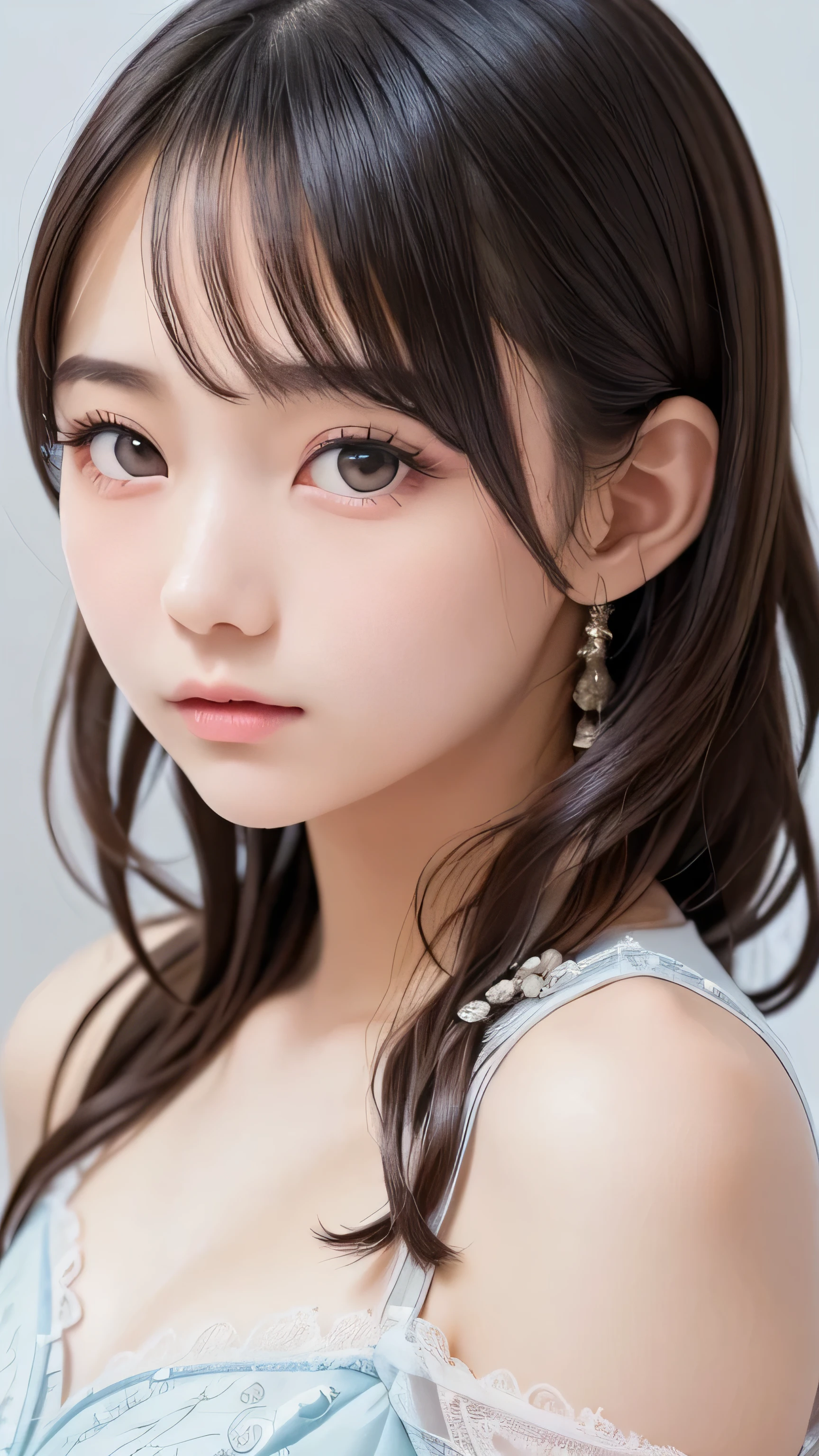 (Image from chest up:1.4)((masterpiece:1.5,Highest quality,Beautiful images, 2.5D, Abstract, Artistic, Portraiture))(One girl, solo)(Cute Girls, Gray Hair, short hair, Beautiful breasts, Off-the-shoulder outfit)(profile, Look at an angle, shake your head, Sad look, Floating Hair, Backlight)(Plain background:1.5)((Dynamic Angle:1.5)),See-through gown, one girl, (18 years old:1.4),(Very Young Face), (japan Person famous idol), face, cute face, ash gray hair:1.5,(Enhances the beauty of skin texture:1.1),((Extremely precise and accurate anatomy:1.0)),Kind eyes,Graceful pose,(Beauty of form:1.4) Golden ratio, big eye,(nature's providence:1.4),(anatomically feminine body shape:1.4),