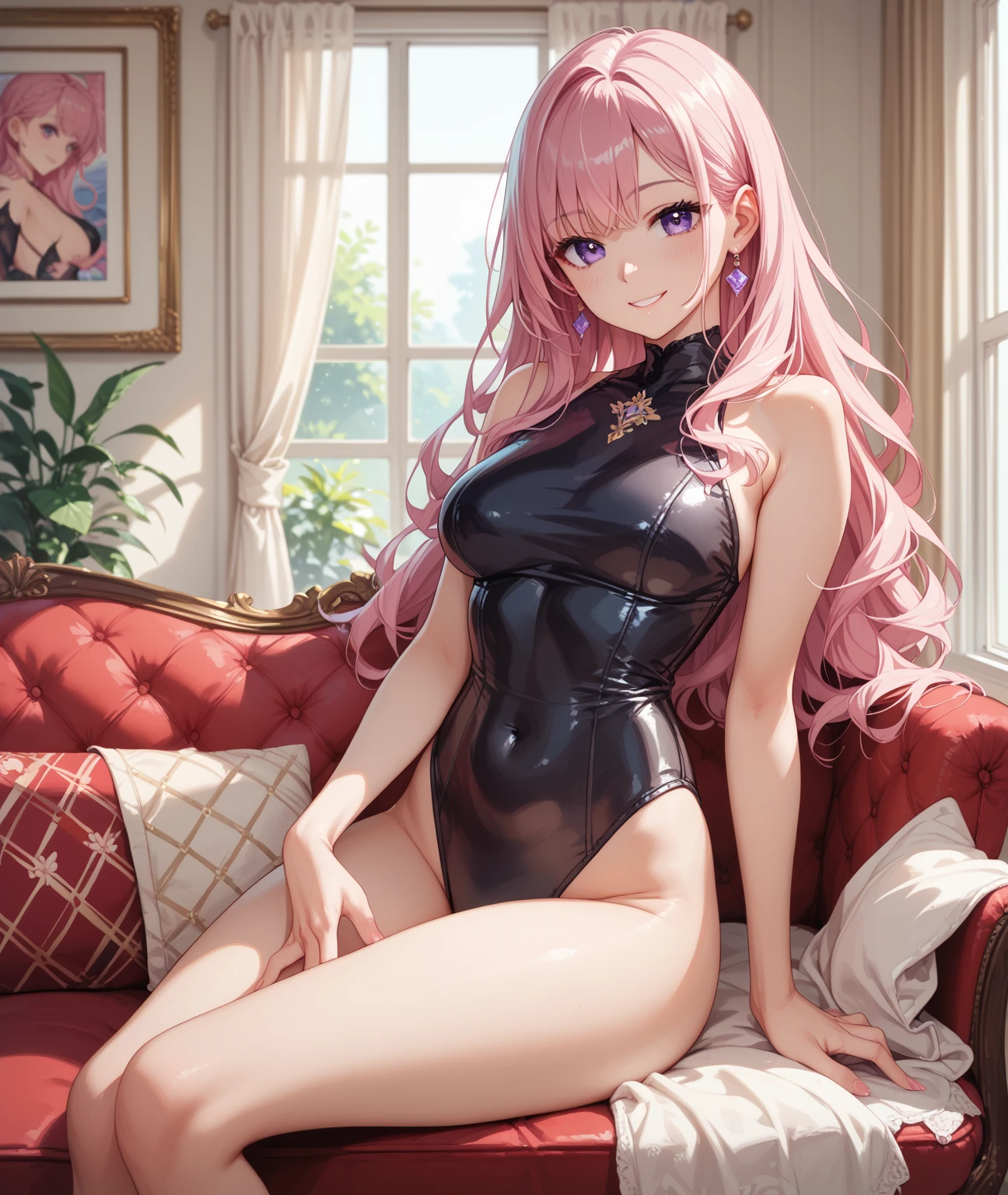 Happy , with wolf ears and pink hair, holding her cheeks, wolf tail, wearing a latex dress, looking at veiwer, full body, you can see her chest, naked breasts