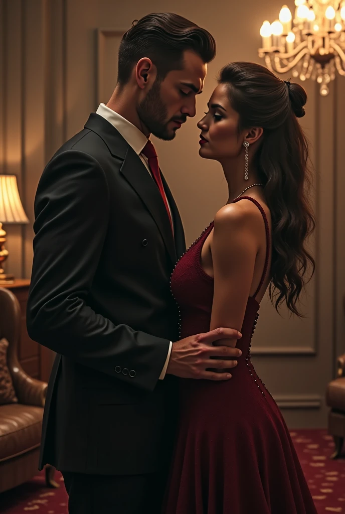 A beautiful woman with long brown hair and an elegant, provocative and seductive red dress next to a man in a suit with a beard and lots of hair on his chest