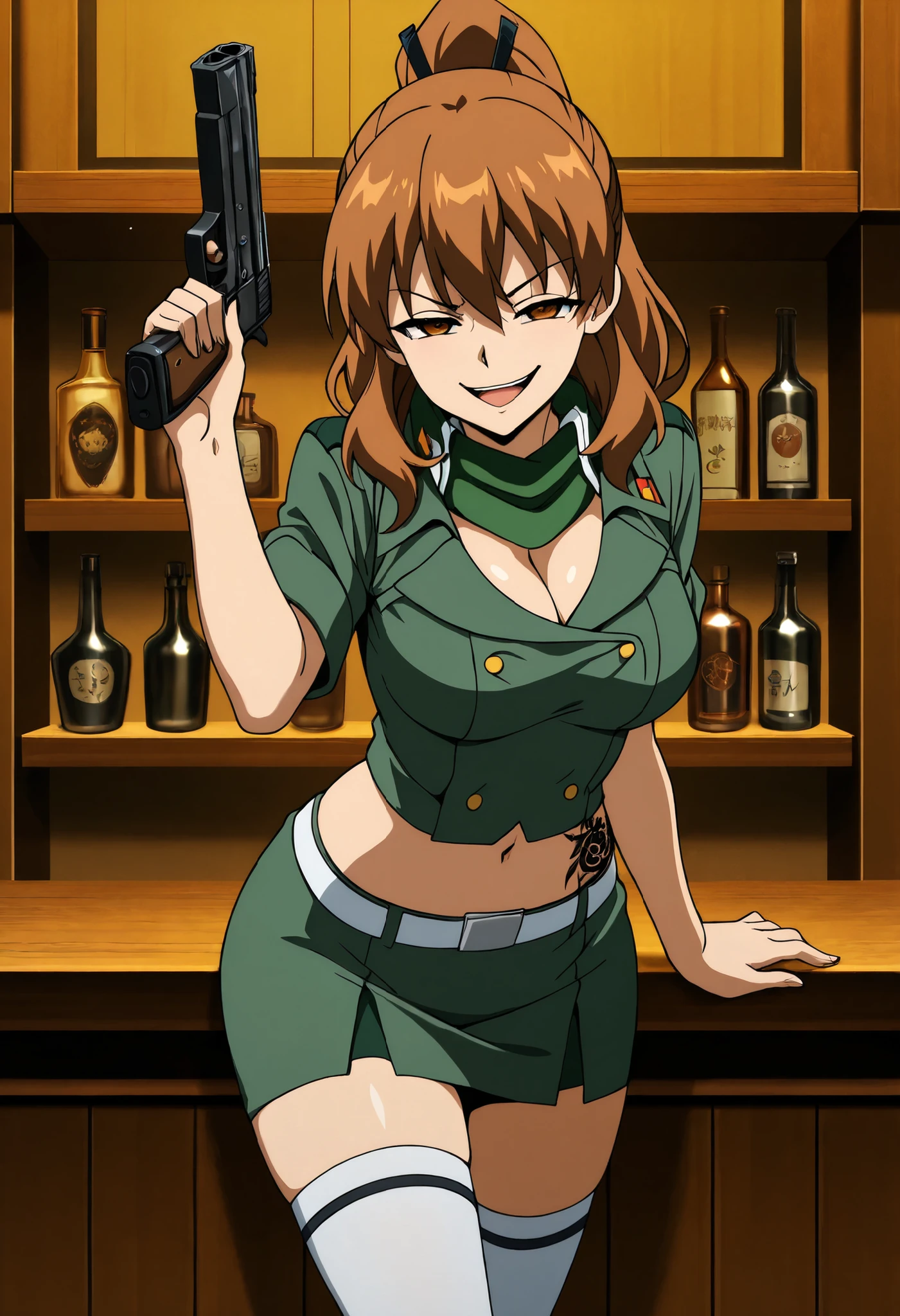 masterpiece, best quality, newest, solo, 1girl, s3ryu, , crazy smile, , looking at viewer, , long hair, brown hair, ponytail, brown eyes, half eyes closed, v-shaped eyebrows, short dress, green dress, buttons, double-breasted, white belt, white thighhighs, green scarf, bar background, inside bar, indoors, , masterpiece, best quality, highly detailed, a anime girl in military uniforms ,military outfit, open mouth, cleavage, evil smile, smile, ecchi anime style, anime girl, digital anime art!!, in anime style, (nsfw) not safe for work, official artwork, , beautiful anime girl, anime style 4 k, micro pencil skirt, pencil skirt, micro skirt, exposed belly, exposed navel, exposed midriff, exposed lower belly, holding a gun, holding pistol ,, mature female, waist dragon tattoo, narrowed eyes, tattoo waist, anipai_style , anime screencap , anime coloring