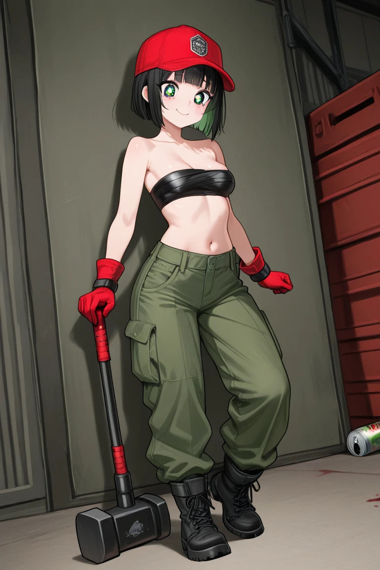detailed digital art, dark green slim girl, hair is in two buns, undersized clothes, ((tight leather mini tube top)), small breast, leather mini skirt, tight leather stockings, pair of leather boots, licking popsicle