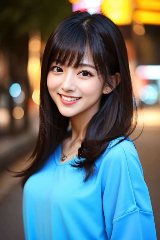 (8K, Raw photo, Best Quality, masutepiece:1.2), Ultra Detail, Super Resolution, (Realistic, photos realistic:1.37), Portrait, high-definition RAW color photography, professional photograpy, highly detailed and beautiful, Extremely detailed, 8K Wallpaper, amazingly detail, Huge file size, Official art, Highly detailed CG Unity 8K wallpapers, highly detailed beautiful girl, Highly detailed face, Highly detailed eyes, highly detailedskin, extremely detailed fingers, highly detailed nose, very detailed detailed mouth , Perfect Anatomy, Highly detailed background, Highly detailed clothing, 1girl in, (18:1.2), , Cute Girl, famous Japan idol, kawaii, Realistic body, Petite, Fair skin, Glowing skin , Slim body , Handsome body, Black hair, Long straight hair, (Blunt bangs:1.2), Smile, Cute, zora々Right, Cute face, Realistic face, Delicate eyes, drooping eyes, White T-shirt, Skirt, Earring, Looking at Viewer, Cowboy Shot, front facing, Standing, contraposto, high street, public, Large crowds, Dynamic lighting, Very large breasts,