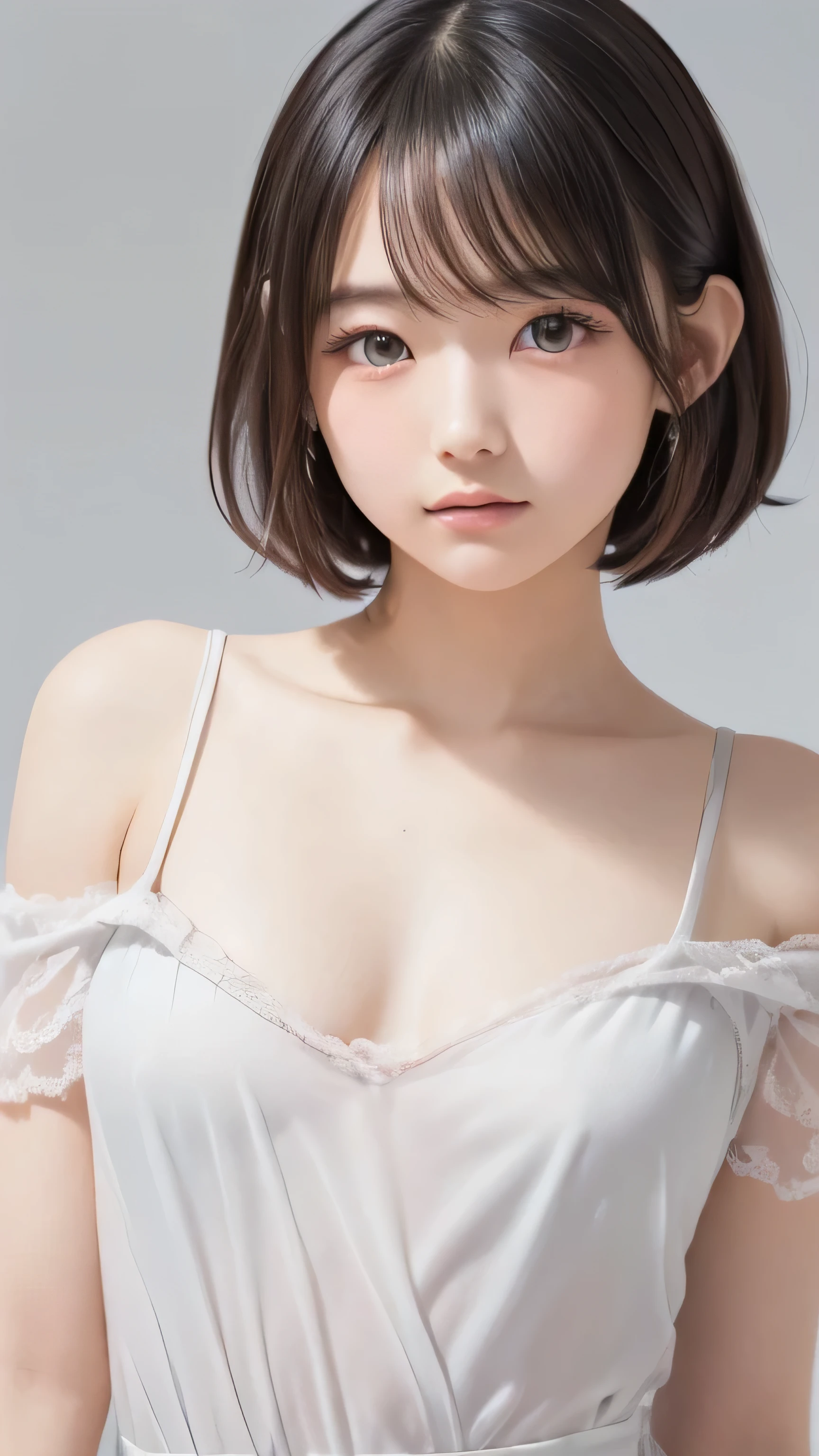 (Image from chest up:1.4)((masterpiece:1.5,Highest quality,Beautiful images, 2.5D, Abstract, Artistic, Portraiture))(One girl, solo)(Cute Girls, Gray Hair, short hair, Beautiful breasts, Off-the-shoulder outfit)(profile, Look at an angle, shake your head, Sad look, Floating Hair, Backlight)(Plain background:1.5)((Dynamic Angle:1.5)),See-through gown, one girl, (18 years old:1.4),(Very Young Face), (japan Person famous idol), face, cute face, ash gray hair:1.5,(Enhances the beauty of skin texture:1.1),((Extremely precise and accurate anatomy:1.0)),Kind eyes,Graceful pose,(Beauty of form:1.4) Golden ratio, big eye,(nature's providence:1.4),(anatomically feminine body shape:1.4),