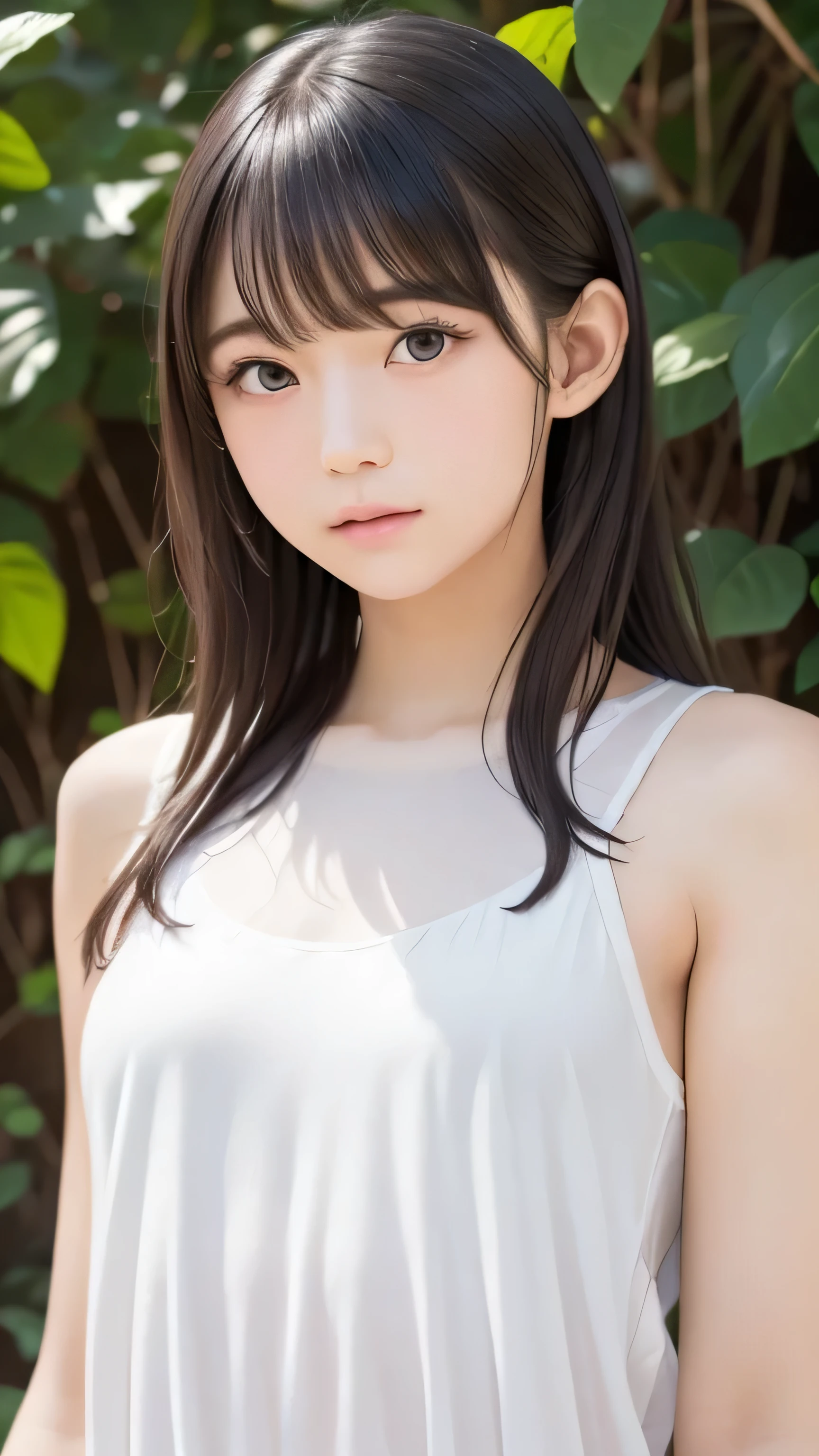 Low Leg, Low rise, albino, (((Realistic images))), Translucent white skin, White camisole, ((girl, Upper body angle)), the skin is transparent, Make the expression more realistic, thin, Soft and smooth white hair, Highlight wrinkles in clothing, Highest quality, High resolution, Extremely detailed 8K, (Ultra HD, Very detailed, Very detailed, Very Realistic, Ultra-realistic, Realistic), One Girl, One thumb, View 4 books, The underwear you are wearing is very soft and pleasant to the touch...., Stagnation, beautiful girl with a slim body, Waist-length white hair, Gray Eye Room, Chic monochrome room, Foliage plant,one girl, (18 years old:1.4),(Very Young Face), (japan Person famous idol), face, cute face, ash gray hair:1.5,(Enhances the beauty of skin texture:1.1),((Extremely precise and accurate anatomy:1.0)),Kind eyes,Graceful pose,(Beauty of form:1.4) Golden ratio, big eye,(nature's providence:1.4),(anatomically feminine body shape:1.4),