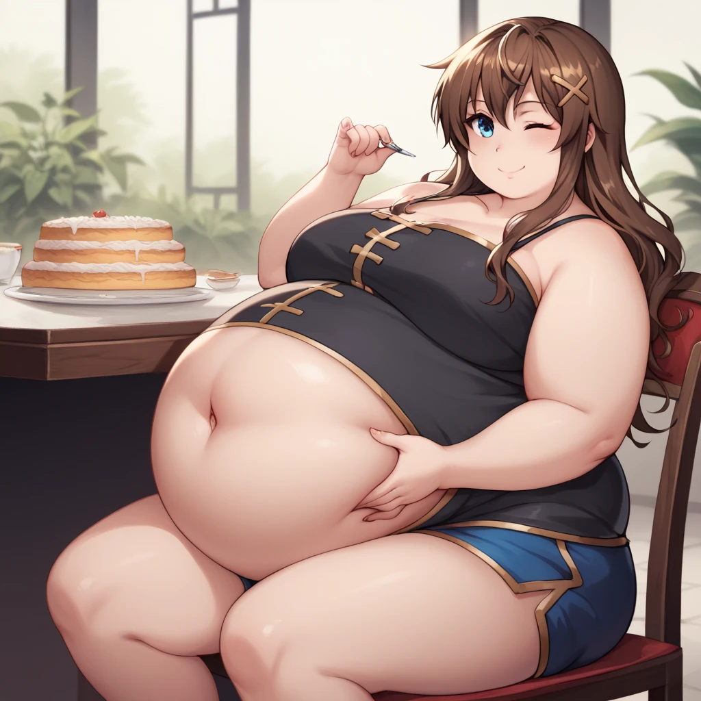 fat, obese, overweight, big belly, sweater, Christmas, fat, table with food, sitting, fat, brown hair, bangs on left side of face