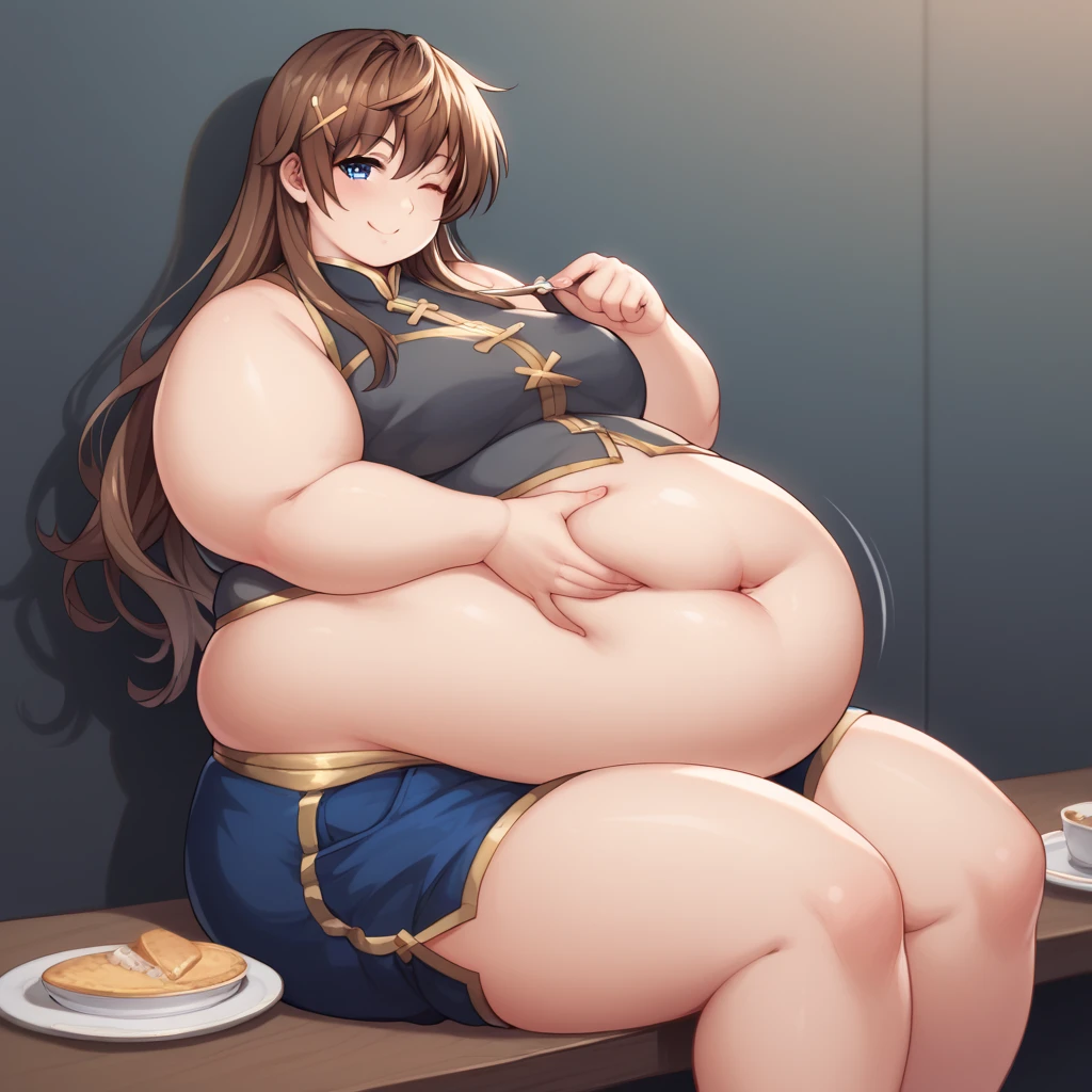 Fat, chubby, large belly, pregnant, obese, very fat, beidou, big belly, very fat, large stomach, chubby (best quality, masterpiece), thanksgiving, wearing sweater, grabbing belly, sitting down, table with of food, table tons of food, lots of food, holding belly, table with food, sitting, wearing sweater, Christmas, Holiday, Christmas cookie, mona megistus from genshin impact