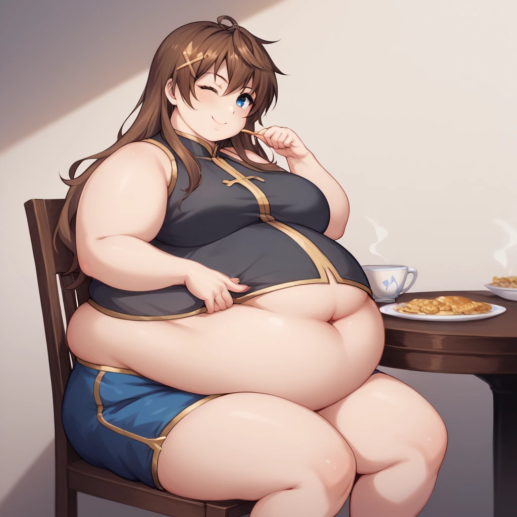 Miko Iino, fat, large belly, chubby, overweight, twin tails, Christmas, wearing sweater, eating, sitting down, table full of food, cookies, eating cookies, very fat,