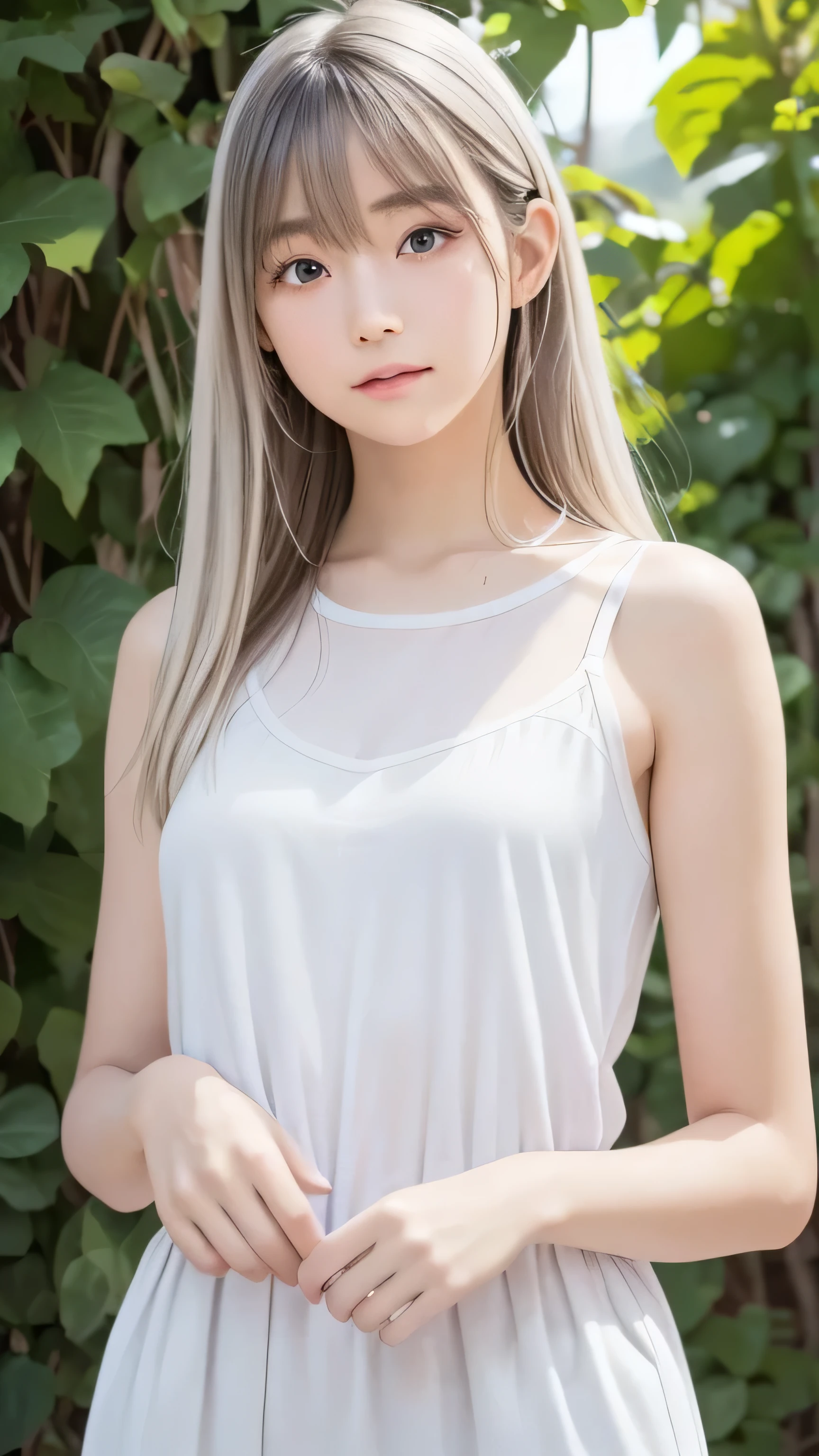 Low Leg, Low rise, albino, (((Realistic images))), Translucent white skin, White camisole, ((girl, Upper body angle)), the skin is transparent, Make the expression more realistic, thin, Soft and smooth white hair, Highlight wrinkles in clothing, Highest quality, High resolution, Extremely detailed 8K, (Ultra HD, Very detailed, Very detailed, Very Realistic, Ultra-realistic, Realistic), One Girl, One thumb, View 4 books, The underwear you are wearing is very soft and pleasant to the touch...., Stagnation, beautiful girl with a slim body, Waist-length white hair, Gray Eye Room, Chic monochrome room, Foliage plant,one girl, (18 years old:1.4),(Very Young Face), (japan Person famous idol), face, cute face, ash gray hair:1.5,(Enhances the beauty of skin texture:1.1),((Extremely precise and accurate anatomy:1.0)),Kind eyes,Graceful pose,(Beauty of form:1.4) Golden ratio, big eye,(nature's providence:1.4),(anatomically feminine body shape:1.4),