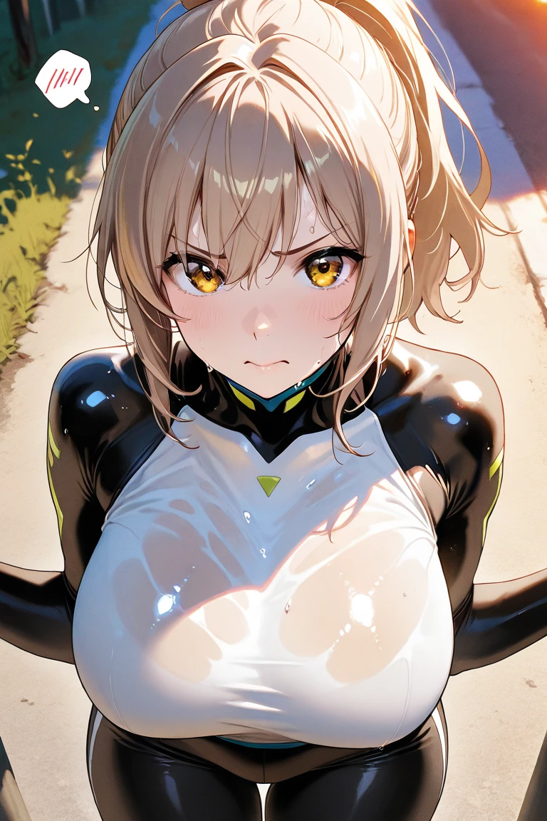 Slender body girl in yellow glossw tight plug suit, pink short hair, masterpiece, white background, BRAKE (sweat:1.5), (steam:1.2), (masturbation:1.2), (girl trembling with sexual climax:1.1), (looking at viewer:1.3), (open mouth:1.2)