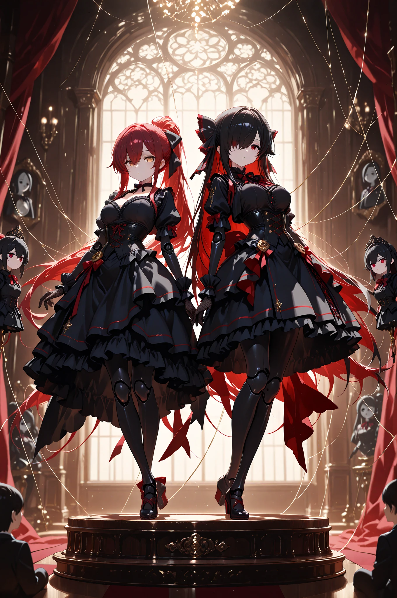 1girl, high quality, corset, black skirt, thigh highs, black gloves, red hair, yellow eyes, evil smile, twintails, full body view