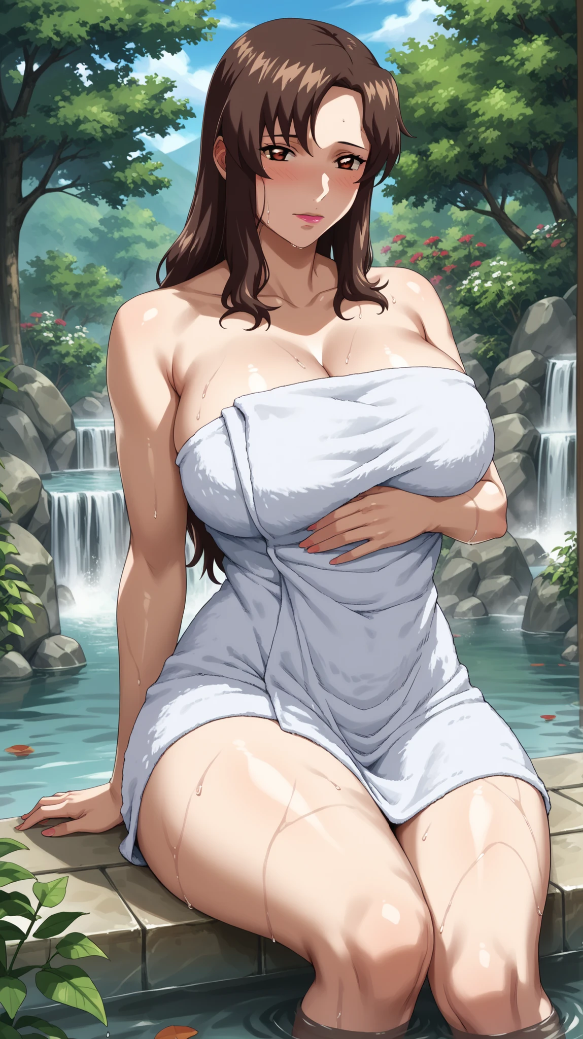 Score_9, Score_8_up, Score_7_up, Score_6_up, Score_5_up, Score_4_up, Source_anime, Tag1, Tag2, Quality_masterpiece, Anatomically correct, Beautiful face, Perfect face, Highly detailed beautiful face and eyes, Attractive face, Detailed face, Delicate facial features, Detailed skin, Huge breasted, Wide hips, Gargantuan butt, Sensual woman, mature female, milf, motherly, (((Murrue_Ramius/Boruto))), Seductive, Embarrassed, Lewdly, whore Expression, Long hair, Brown hair, Straight hair, Brown eyes BREAK Towel, Tight Towel, Showcasing Hyper Cleavage, Wet Clothes, Slip Black Areolaes : 1.2, Full Body, After Having Sex With Fourth_Raikage's Scene, Hand On Stomach, carrying Fourth_Raikage's Offspring, Tired Happy Expression, Sitting On The Hot Spring, enjoying A Cup Of Sake