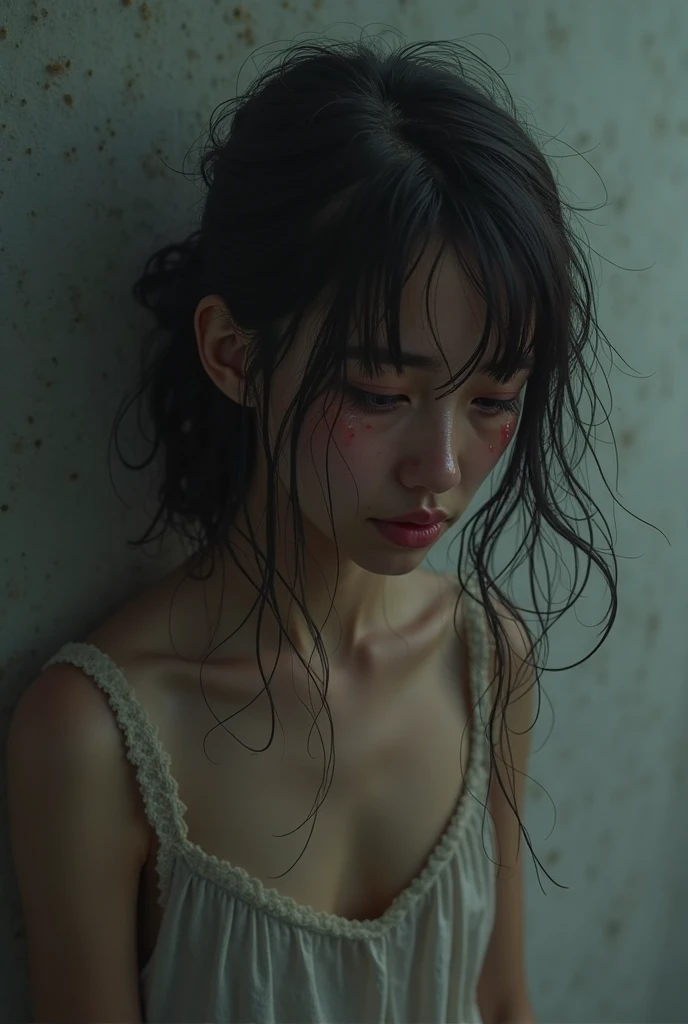 （Cinematic tones）（The film is in a cool gray tone）（Wet clothes：1.9）,（Get wet all over your body：1.9）,Top image quality, tmasterpiece, 超高分辨率, （Fidelity：1.4）, photore,deluge, stunningly beautiful woman, （Sorrow）, white  shirt, dim murky lights, shadowy, Desperate, Pity, Pathetic, Cinematic, Tears, tear drop, （ripped clothing：1.5）, （Wet clothes：1.4）,  shoulders​, Real rain, wetting hair