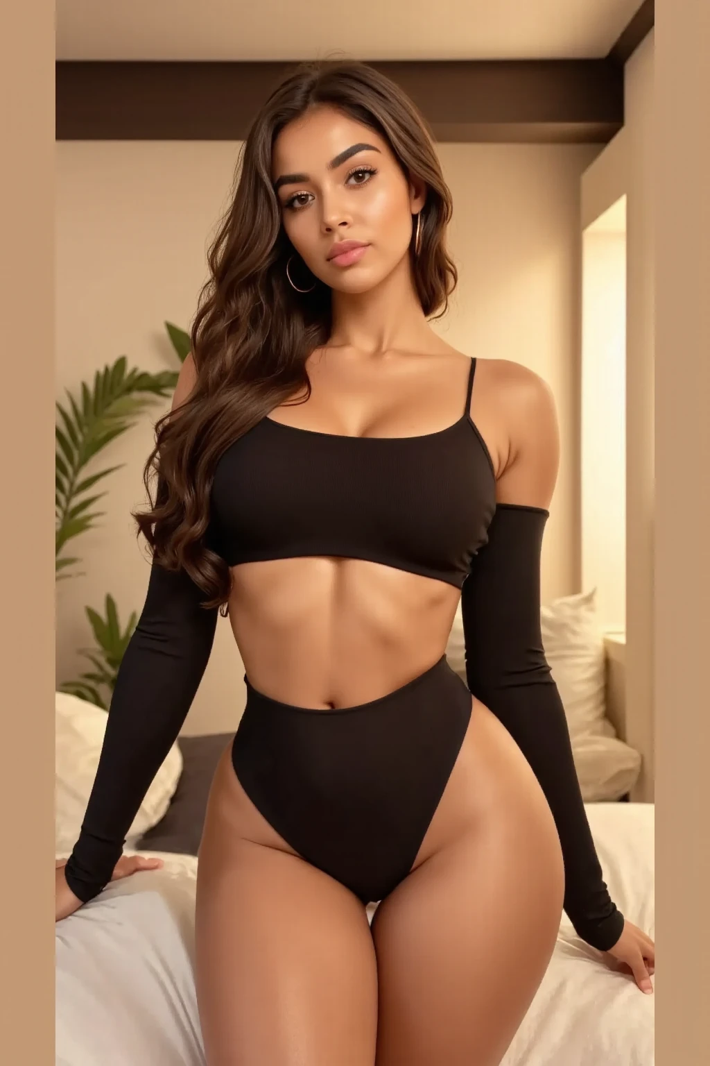 arafed woman in a black bikini and a tan top, digital art by Emma Andijewska, tumblr, bella poarch, fit pic, sexy body, tight outfit, portrait sophie mudd, sexy hot body, 2 4 old female model, fit girl, sexy girl, fit dainty figure, thicc, sexy body and face