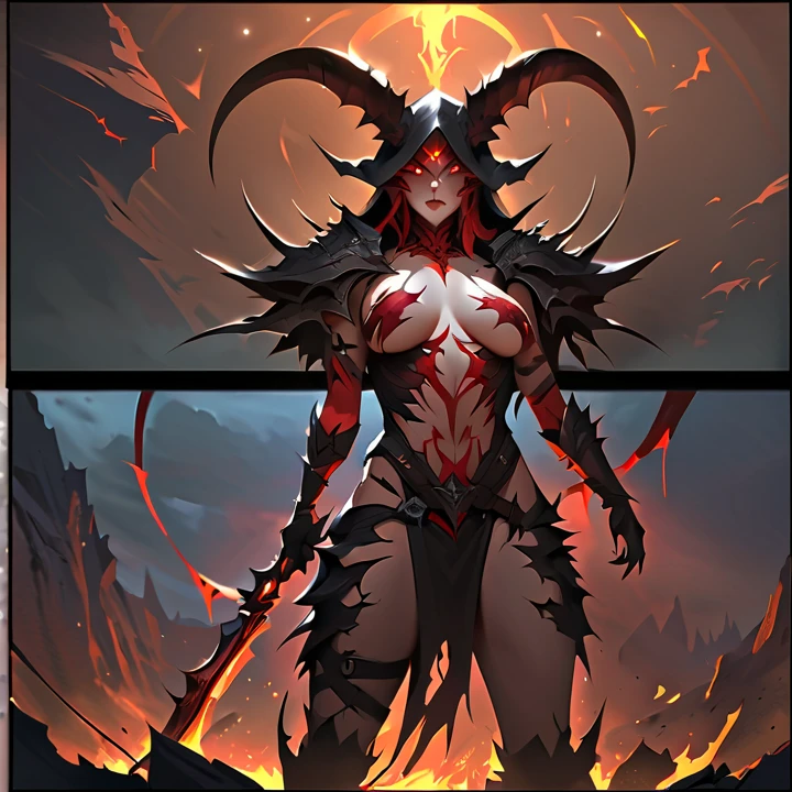 DEMON HUNTER, WOW, BLIZZARd, BLIZZARD entertaintment, WARCRAFT, WORLD OF WARCRAFT, ILLIDAN, ILLIDAN STORMRAGE, Warglaive of Azzinoth, Warglaive, Warglaives, FEL, EYE BEAM, BRIGHTWING EYES, RED eyes, red theme, horned_helmet, horns glowing_weapon long_hair, teeth bat_wings, claws, colored_skin, demon_girl, demon_horns, demon_tail, demon_wings, dragon_wings, bright, red_theme, horns, tail, tattoo, wings, hdr, vignette, centered, hyperrealism, hyperrealistic, realistic, realism, 1girl, black hoodie, angry expression, boob, bimbo, girl, woman, colorful, art by Artgerm and Greg Rutkowski and Alphonse much, Wide Angel Shot, Nikon 14 mm, portrait, fire, scars, scar, (((1girl))), (((1 girl))), SOLO FOCUS, SOLO, FOCUS, dripping blood