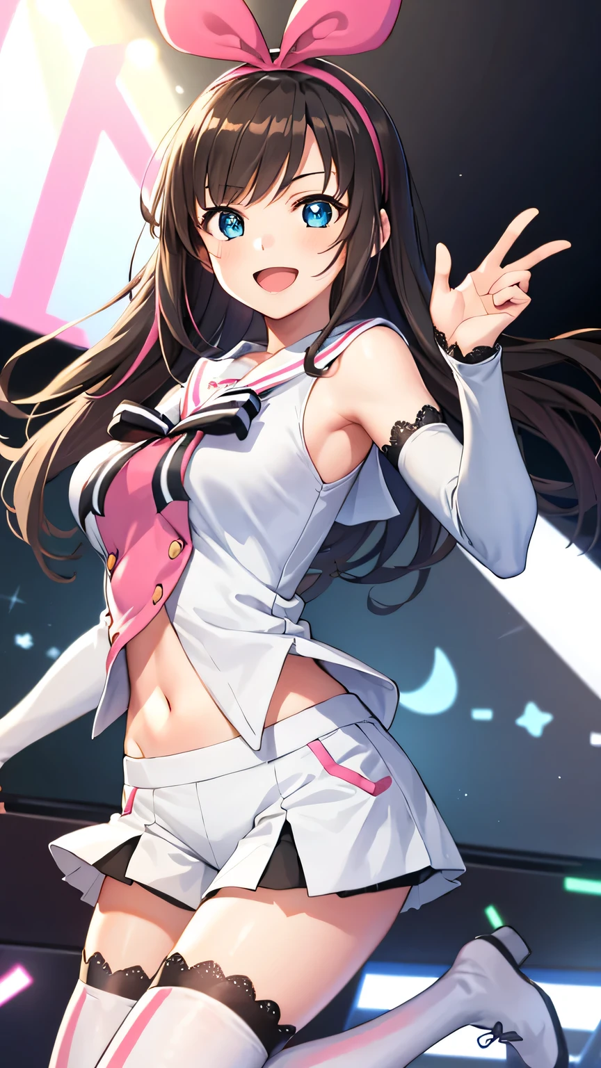 {{{masterpiece}}}, (best quality:1.5), (ultra-detailed:1.5), {illustration}, {{an extremely delicate and beautiful}}, (beautiful detailed eyes:1.5), absurdres, highres, extremely detailed face, 16k, hd, visual anime de uma jovem mulher, extremamente bonito rosto de anime, anime melhor garota, (perfect hands, perfect anatomy), anime face, kizuna ai(Vtuber), 1girl, solo, cute face, long hair, brown hair, multicolored hair, floating hair, streaked hair, pink hair, swept bangs, hairband, hair bow, pink hairband, blue eyes, medium breasts, big hips, curvaceous, BREAK, white shirt, sleeveless shirt, sailor collar, white sailor collar, bowtie, lace-trimmed sleeves, detached sleeves, navel, white shorts, (white thighhighs:1.2), pink striped, lace-trimmed legwear, thighs, zettai ryouiki, BREAK, 1girl, solo, smile, open mouth, dancing, jumping, sing , singing, joyful, cute pose, dynamic pose, dynamic angle, indoor, stage, on stage, audience