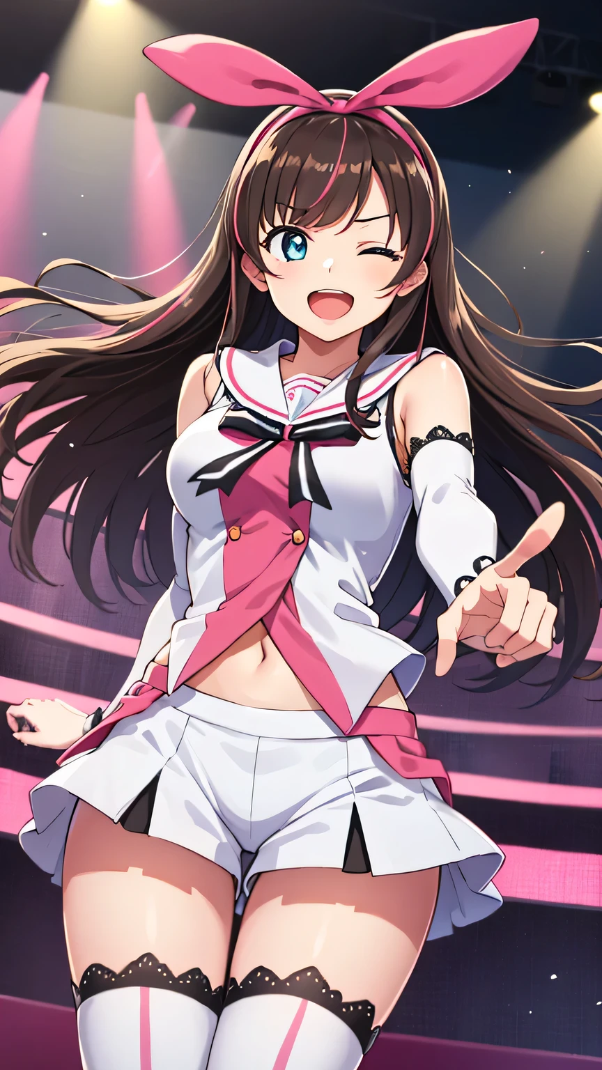 {{{masterpiece}}}, (best quality:1.5), (ultra-detailed:1.5), {illustration}, {{an extremely delicate and beautiful}}, (beautiful detailed eyes:1.5), absurdres, highres, extremely detailed face, 16k, hd, visual anime de uma jovem mulher, extremamente bonito rosto de anime, anime melhor garota, (perfect hands, perfect anatomy), anime face, kizuna ai(Vtuber), 1girl, solo, cute face, long hair, brown hair, multicolored hair, floating hair, streaked hair, pink hair, swept bangs, hairband, hair bow, pink hairband, blue eyes, medium breasts, big hips, curvaceous, BREAK, white shirt, sleeveless shirt, sailor collar, white sailor collar, bowtie, lace-trimmed sleeves, detached sleeves, navel, white shorts, (white thighhighs:1.2), pink striped, lace-trimmed legwear, thighs, zettai ryouiki, BREAK, ai's pose, 1girl, solo, smile, open mouth, one eye closed, pointing, microphone, dancing, jumping, sing, singing, joyful, cute pose, dynamic pose, dynamic angle, indoor, stage, on stage, audience, fluttering skirt, peer in from below