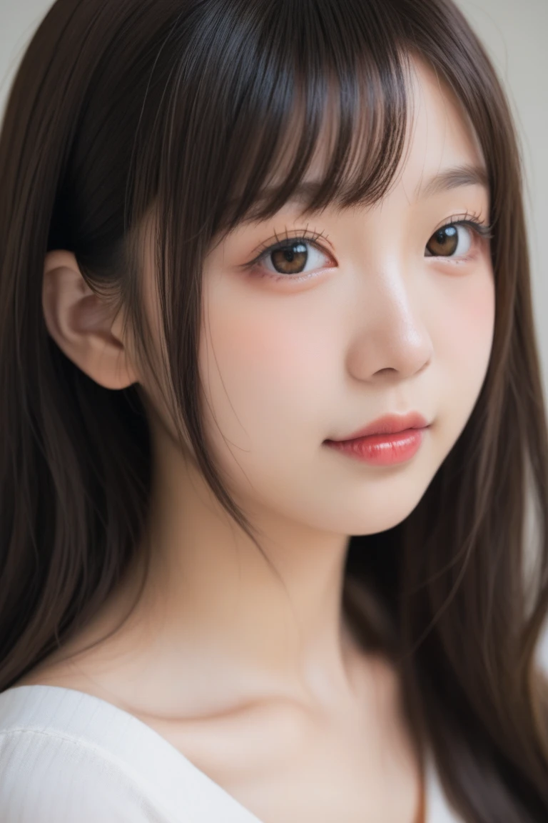 Asian, beautiful, thin, cute, 30th Generation, beautiful Face, beautiful Skin, actress, mature, Upper Body, Light brown hair, thin髪, Live Action, masterpiece, Highest quality, Highly detailed CG Unity 8K wallpaper, Ultra-high resolution, Casual Fashion, Lighting, Summer Fashion, (Natural brown hair: 0.8), (Puffy eyes), Watch the audience, turn around, Bleached Hair, Model pose, White Background, Delicate skin types, Light curly hair, Put your hands around your mouth, White T-shirt, Hair model photo