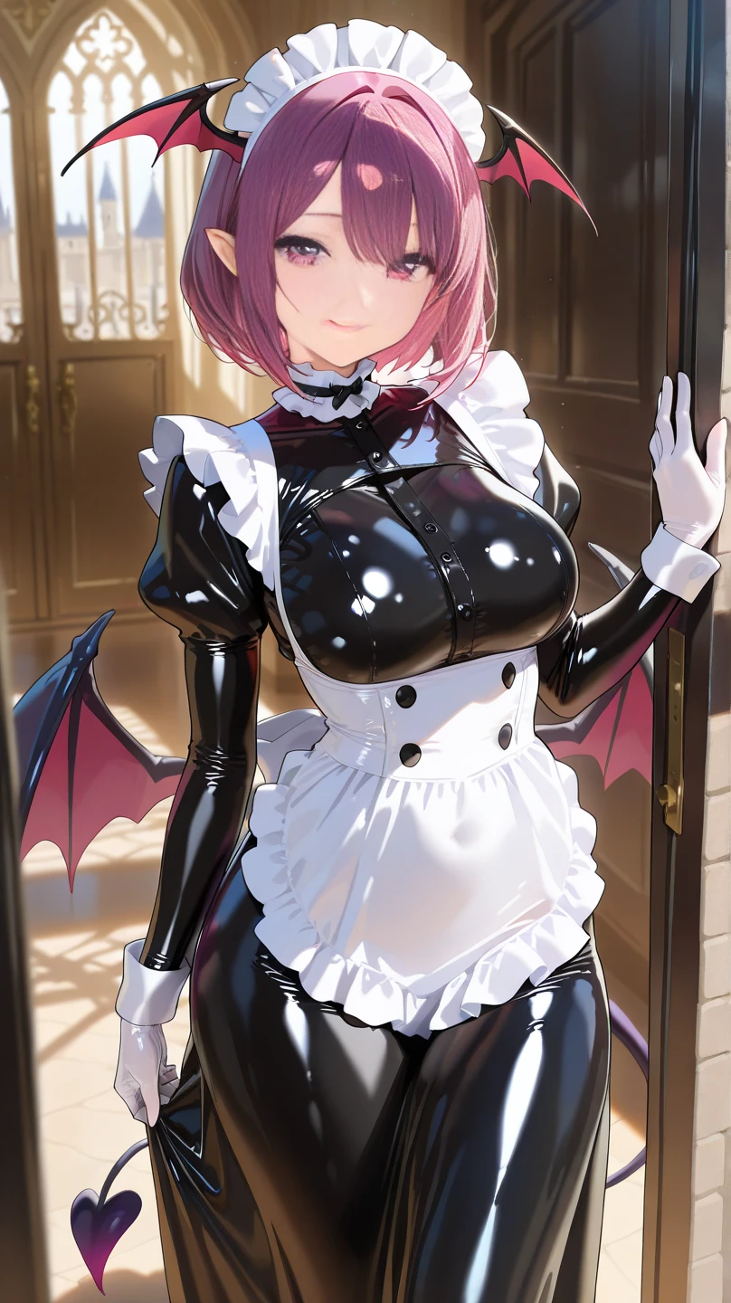 female, pink short hair, red eyes, (((1girl))), (((black maid uniform with white frills))), (white apron), (white thigh high socks), (black heels), demon tail, demon wings, cute and sexy, full body, modest breasts, modest butt, long legs, smiling