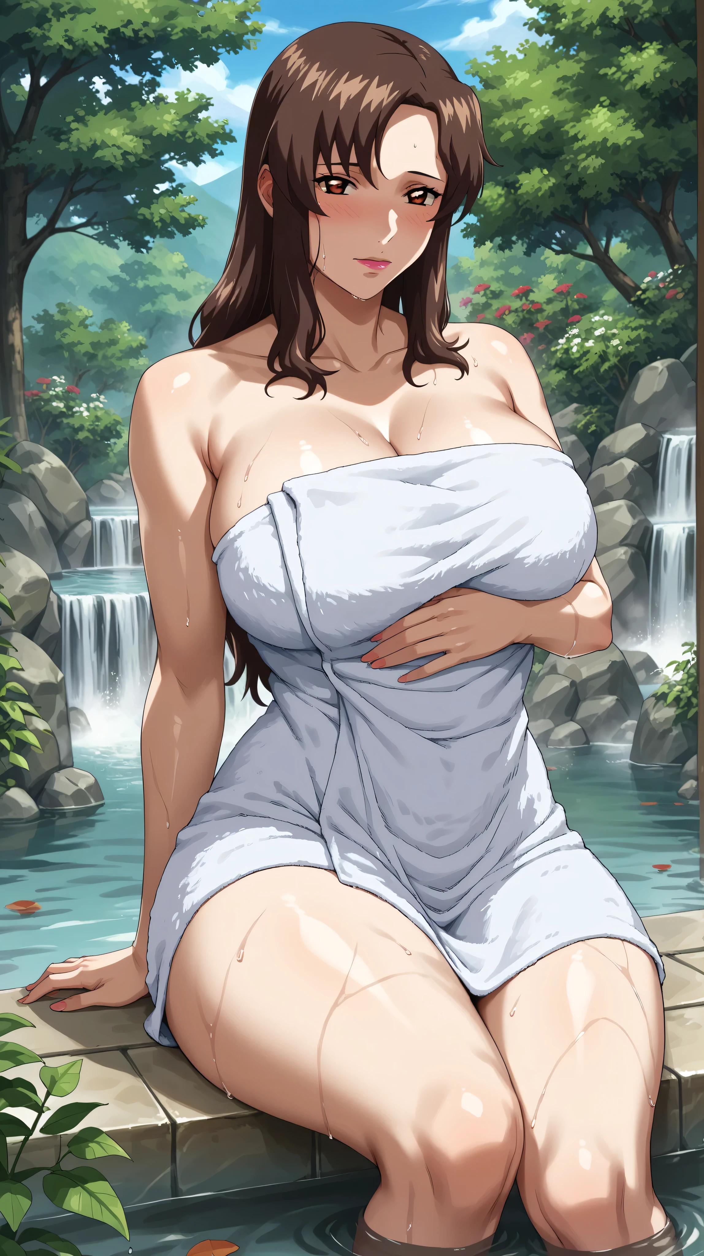 1 girl, (solo), ((amanogawaki)), best quality, highres, high quality, 8k, HD, super detail, anatomically correct, UHD, accurate, (masterpiece:1.2), (high quality:1.0), (ultra detailed), (Adult), (hot spring background), (White Towel), Onsen, onsen_bathing, bathing, hot spring, mist, closed eyes