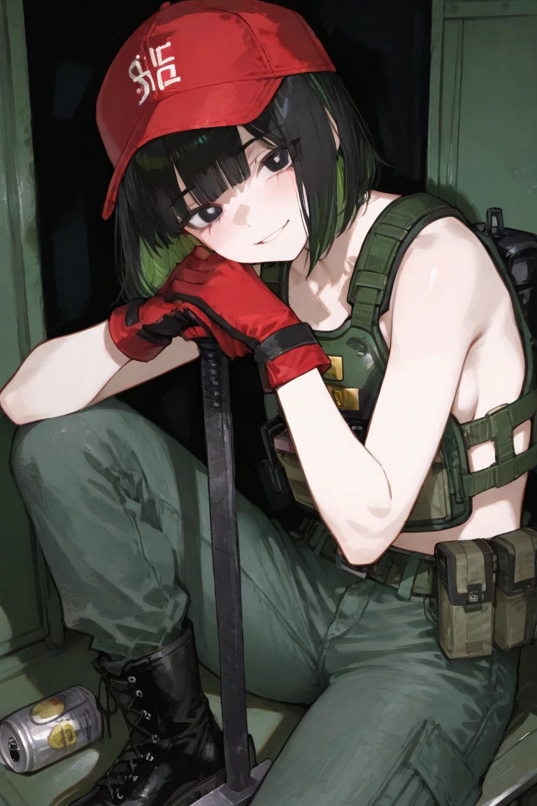girl, braided black hair, war helmet, silver necklace with cross pendant, mechanical glove on her left hand, faded red, low-cut white top, red lingerie, arms and legs with scars and dirt stains. Cyberpunk style image