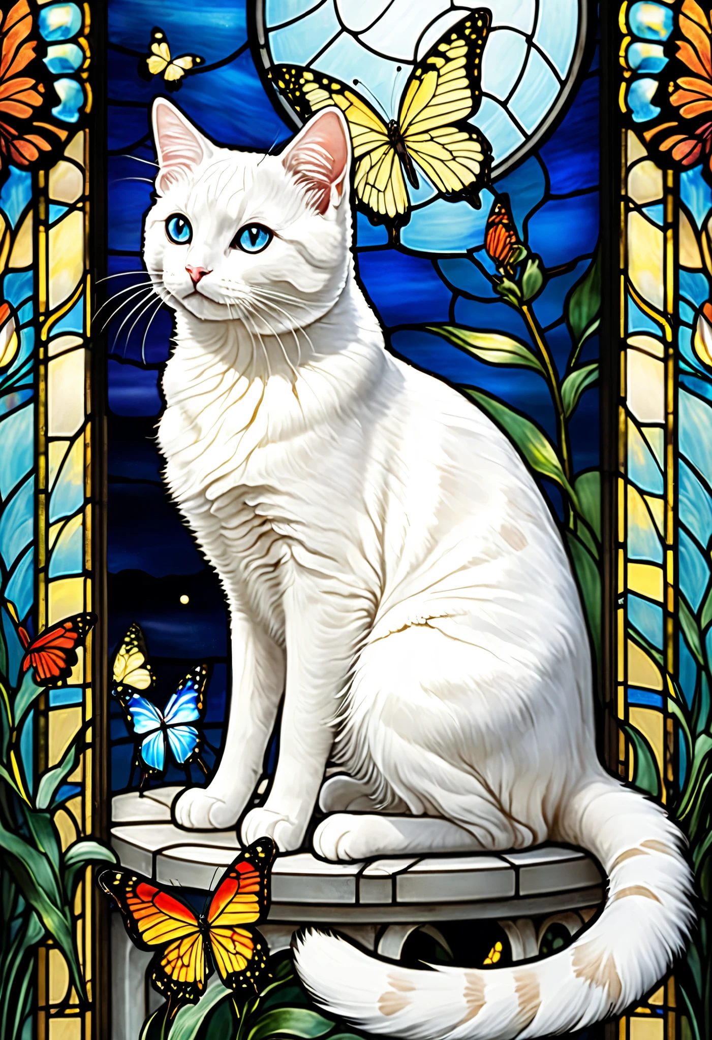 close-up of butterflies and white cats、抽象化したstained glassの白猫が横向き、white cats raise their front legs and a colorful butterfly is perched、The background is moonlight at night、stained glassアート、stained glassスタイル、輝くstained glassの背景、Carnations-themed、カラフルなstained glass、ゴシックstained glassスタイル、バックライト付きstained glass、複雑なstained glass、stained glass、stained glass、psychedelic butterflies and white cats、Inspired by Louis Comfort Tiffany、stained glass!,Art Nouveau aesthetics