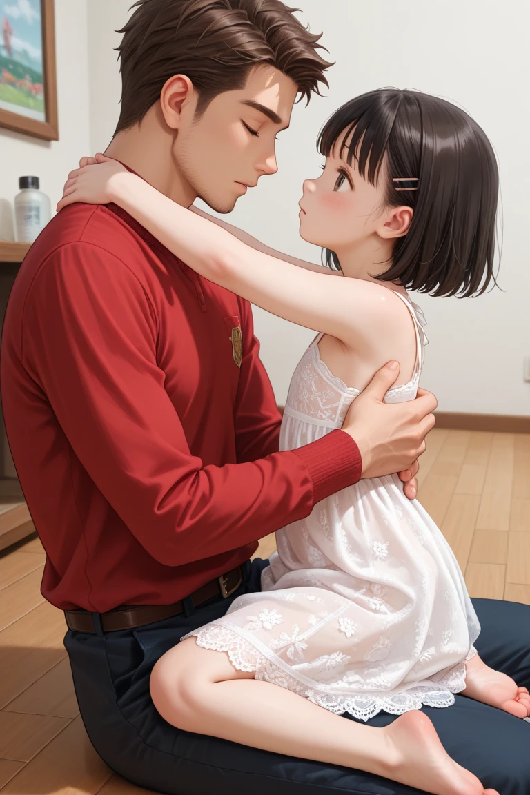 (masterpiece:1.4)、(1male people:1.9)、1girl、,(:1.2),high school student,beautiful girl,(short ponytails:1.2),akb48,nogizaka46,sailor suit,high ,(A father is touching his delicate girl's crotche:1.9)、student clothes、a closeup、Lying in bed、Father touching the crotch of delicate girl、(Cute 15-year-old delicate girl with semi-long hair and 50-year-old father with short hair)obscenity:1,2、Metamorphosis:1,2、NSFW:1,2、caress:1,2、Wrinkles between the eyebrows、Touching each other's crotches、red blush、toppless、White panties、Dark blue pleated mini skirt、tre anatomically correct,(small breasts:1.2),(skinny:1.2),(have a dildo in hand:1.5),dildo,sextoy,