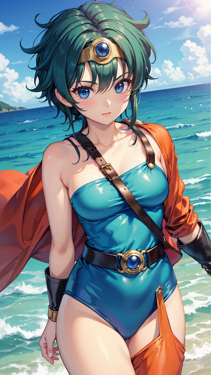 (((SFW、sound、Highest quality、Top notch work、Normal body、、Detailed face、Ultra-precision、Normal hand、Normal refer、5refer、Highest)))、beautiful girl、Black Hair、yamato nadeshiko、Small breasts、Shortcuts、Blue leotard、Shoulder Off、Red Cape、Circlet、Dragon Quest、Playing in the water at the beach