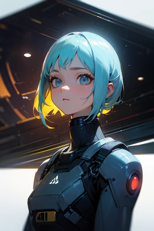 Girl, short blue hair, yellow eyes, is a robot, tempting medium-sized breasts, headset 