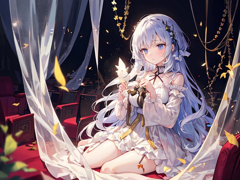 ((8k, best quality, master piece: 1.3)),super high resolution,(1 girl, solo), (colorshift eyes, hyperdetailed, expressive sparkling, glitter, glowing eyes), ultra detailed eyes, ultra-detailed face, random hair, ((silver gray color))A young lady sits at the piano in a luxurious music room, her silver hair shining with a silky luster, smiling gracefully. Her hair is long and sparkling with a crystal hair ornament. Her dress is made of silk with white and gold embroidery, studded with jewels and crystals, and shines with rainbow colors when the light reflects it.

A diamond necklace sparkles around the young lady's neck, and diamond earrings sway from her ears. Many rings set with gemstones shine on her fingers, and a crystal bracelet sparkles on her wrist. Her eyes are deep blue, and she plays the piano with a graceful smile.

In the background is a luxurious music room, with antique wooden furniture and sheet music lined up. Soft sunlight pours in through the large windows, and the whole room is bathed in a warm light. A crystal candle holder stands on top of the piano, reflecting the rainbow light. This scene perfectly expresses the young lady's passion for music and her luxurious life.A whimsical scene featuring a rainbow bokeh effect. The background is filled with out-of-focus points of light in various colors, creating a soft, dreamy atmosphere. The main subject is sharply in focus, standing out against the blurred, colorful backdrop. The light spots shimmer and change colors, adding a magical touch to the image.
