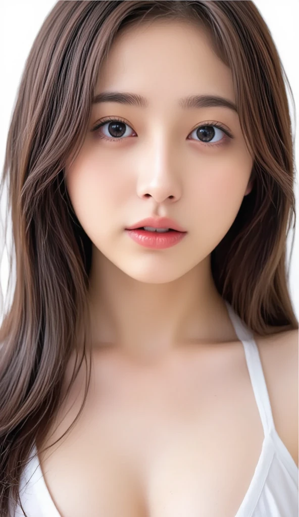 (in 8K,Raw photography,Highest Quality,realisitic,Photorealsitic,extremely delicate and beautiful,Highly detailed,finely detail,ultra-detailliert,hight resolution:1.3),japanes, femele、()、Viewer's Perspective Beautiful and shiny straight semi-long hair see-through bangs Embarrassed look Half-open lips (Beautiful fece:1.2) (kawaii:1.3) front facing Three-dimensional feeling Colossal tits (half-open lips)