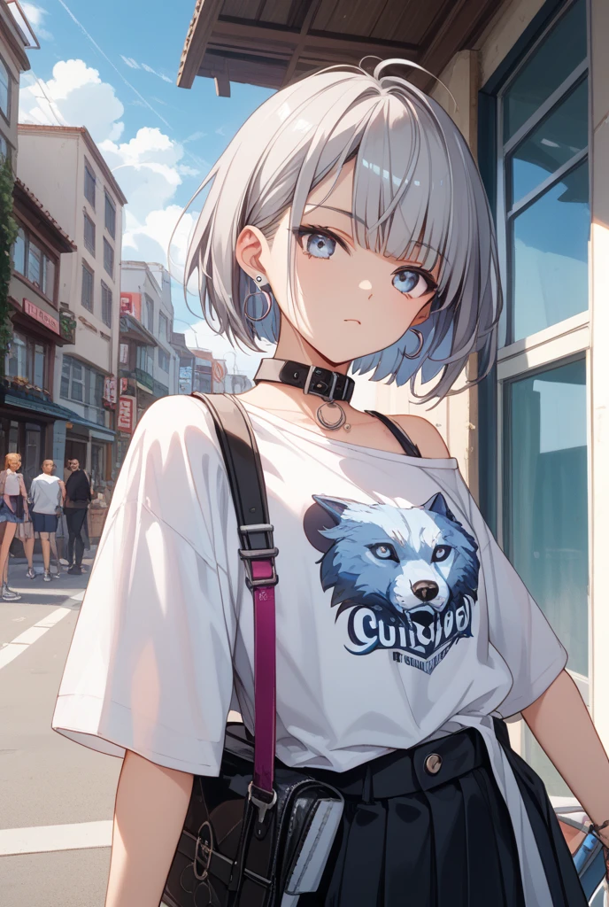1 girl in、(silber hair)、short-hair、Black eyes、Canine ears、Dog tail、Wearing a red muffler、shortpants、((white t-shirts))、Jeans material haori、a cool、blue-sky、In the street、Delicate eyes、(Masterpiece Highest Quality:1.2), [[Multiple arms]]
