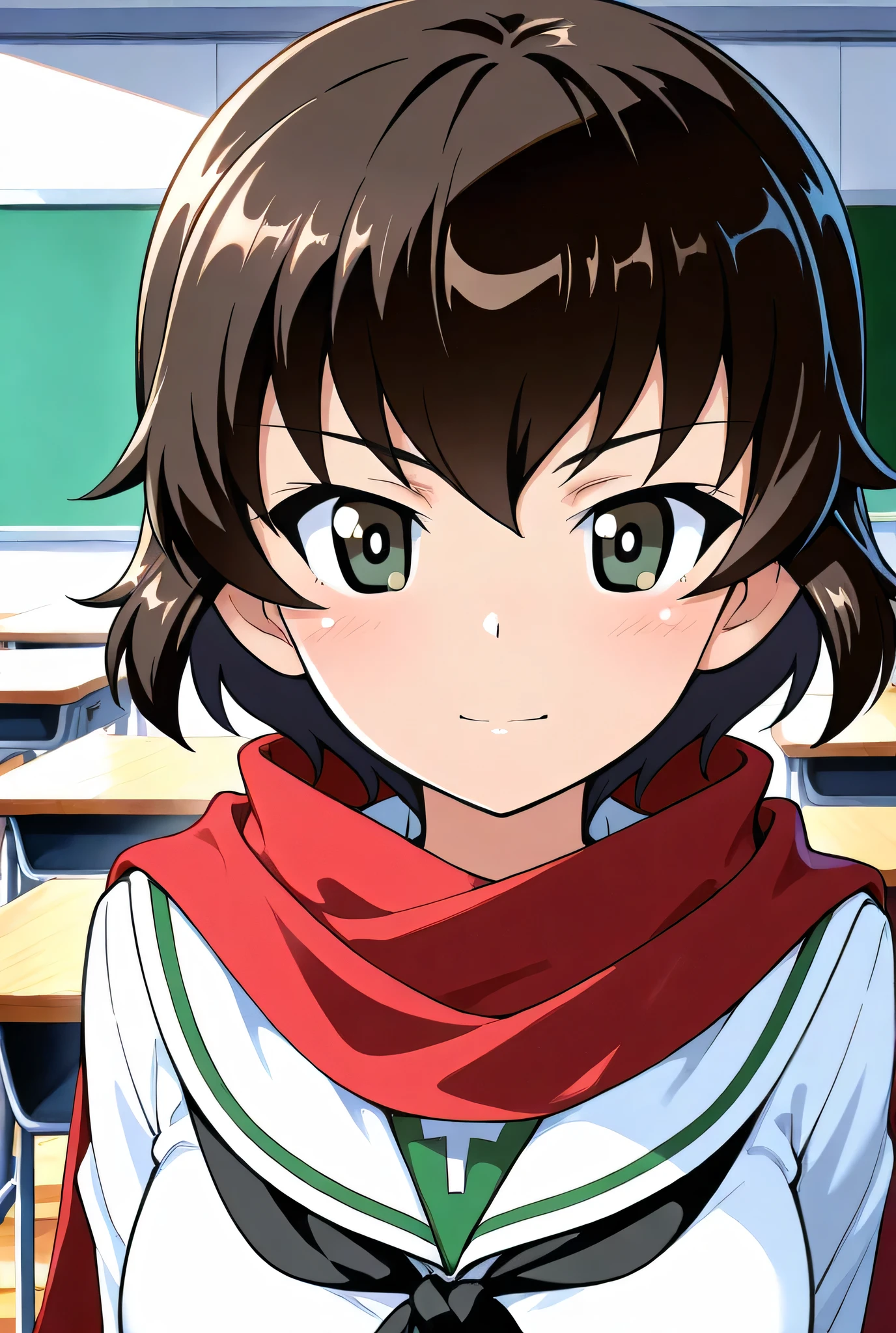 caesar \(girls und panzer\),ooarai school uniform,black tie,red scarf,classroom,face focus,front view,looking at viewer,