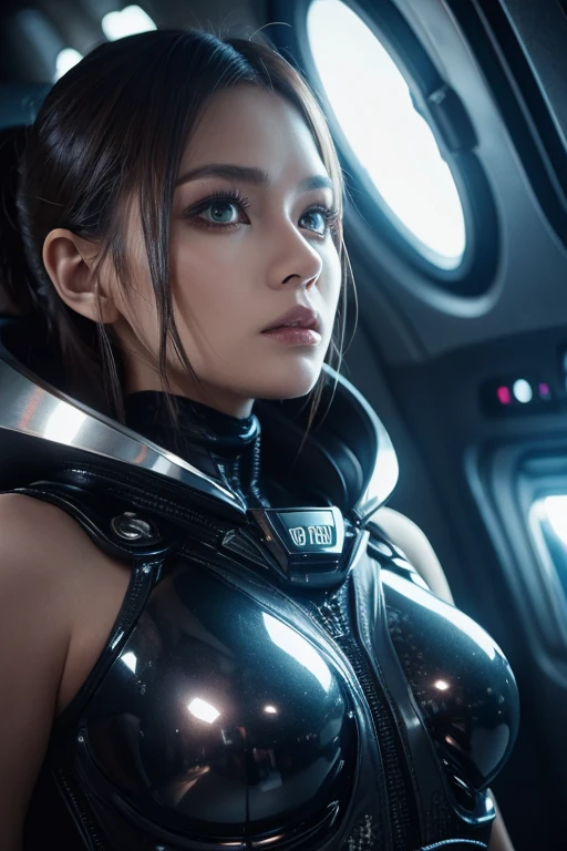 (best quality,4k,8k,highres,masterpiece:1.2),ultra-detailed,(realistic,photorealistic,photo-realistic:1.37),beautiful girl,beautiful detailed eyes,beautiful detailed lips,extremely detailed eyes and face,longeyelashes,futuristic swimsuit,in an ultra modern spaceship,shiny metallic surfaces,advanced technology,neon lights,futuristic interior design,elegant posing,vivid colors,creative composition,soft and warm lighting,high-tech equipment,hi-resolution screens,reflective surfaces,sleek architecture,futuristic architecture,spaceship control panel,electronic display screens,computerized systems,seamless integration of human and technology,expressive facial expression