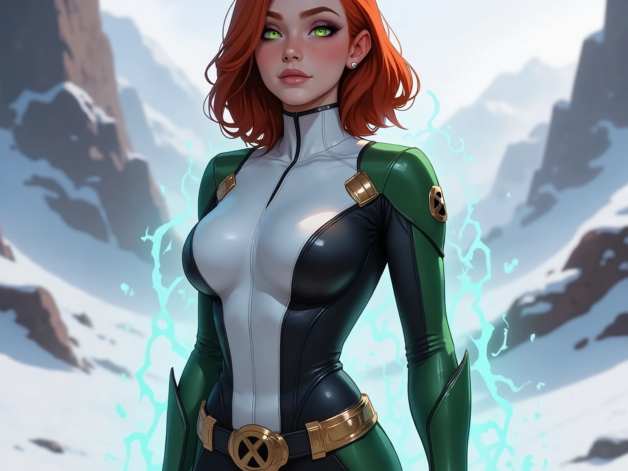 A young female superhero standing confidently in a snowy, mountainous landscape. She has vibrant red shoulder-length hair styled in soft, voluminous waves. She wears a sleek, futuristic full-body superhero suit inspired by the X-Men, with a high-tech and tactical design. The suit is form-fitting and made from a semi-glossy, reinforced material that looks like a blend of modern athletic fabric and sci-fi armor.
Her outfit has a white central base that runs from the high black collar down the torso to her boots. The forest green panels contour the outer parts of her arms, hips, and legs, giving a dynamic and athletic look. Black accents outline the suit, especially at the shoulders, collar, seams, and joints, creating clean lines and contrast.
She wears green integrated gloves and boots, seamlessly blending into the suit. Her knees and elbows have black, subtle reinforcement pads. At her waist, there's a metallic gold belt buckle with a bold black “X” symbol, completing the uniform’s X-Men look.
The background is a cold, snowy forest and mountain setting, with soft glowing blue energy swirling around her feet, suggesting hidden mutant powers. The overall style is dynamic, cinematic, and comic book-inspired.