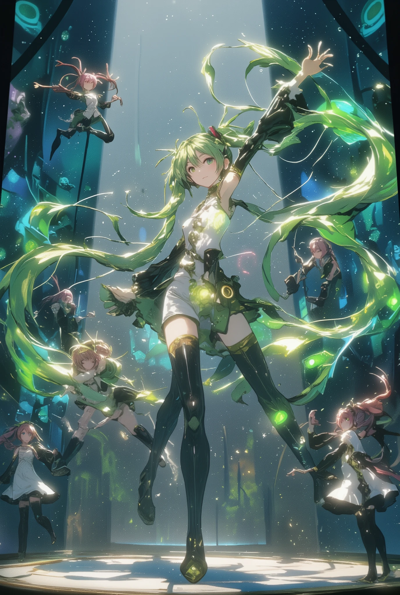 ( masterpiece、 best quality、 best quality、Official Art、  beautiful beautiful  :1.2)  Hatsune Miku、light green twin tails, beautiful breasts, masterpiece, best quality, high resolution,  Skin Transparency, Skin Details, Eye details,   facial features  , 4K, 8k,(realistic, photorealistic: 1.3),(((threadあやつり人形))),((thread,thread,thread)),吊りthreadであやつる,full body,((marionette)),Spotlight,あやつりhuman drama場,performance,Exquisite joints,threadの舞い,full body,Deformed Characters,little character caught by a hawk,Concept Art,かわいいhuman drama, thread操り人形, marionette, human drama, Wooden Doll, 