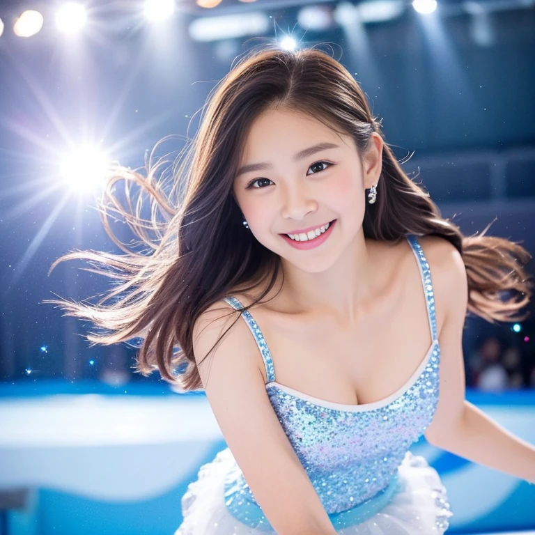 (masterpiece,best quality:1.4),(8k,raw photo,photo realistic:1.2),(shiny skin),detailed skin,detailed face,detailed eyes,Detailed beautiful hand,Detailed ear,Detailed Background,1girl,upper body,Japanese idol,extremely beautiful face,brown hair,,normal breasts,(Detailed See-through ,Figure Skating sexy Dresses,,Ribbons, hair ornaments,Emphasis on cleavage),A girl happily skating at a skating rink,,