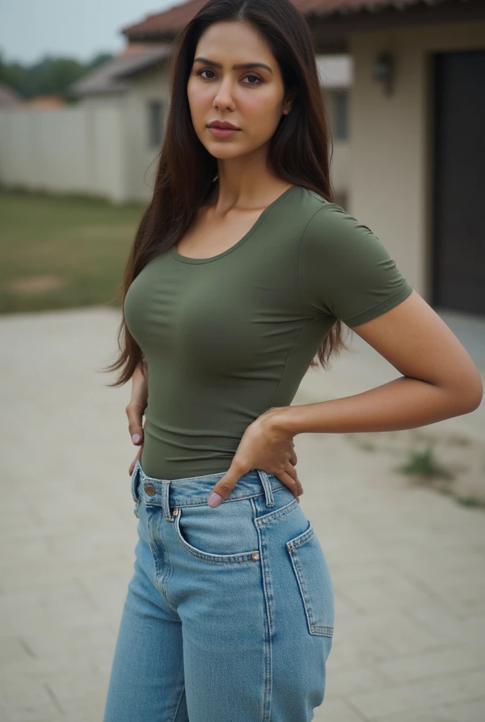 generate the image of a colombian tanned gorgeous girl, slim face, captivating and dark eyes, small nose, caramel skin, black hair with two braids, she is slim, fit, with nice , covered by a green t- shirt, tucked in her jeans, she is walking in the countryside