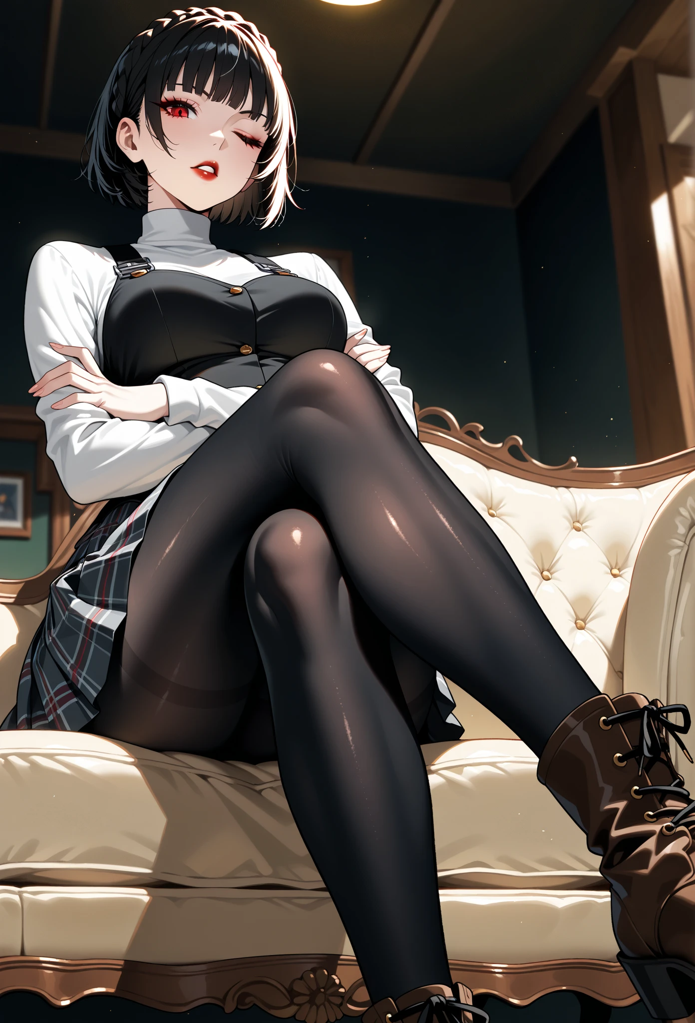 ((masterpiece)),(best quality),(detailed),(1girl), 4k, white tight school shirt,short hair, curvy body, school uniform,expressioness,(choker),school skirt,bobcut,middle breasts, legwear, full body