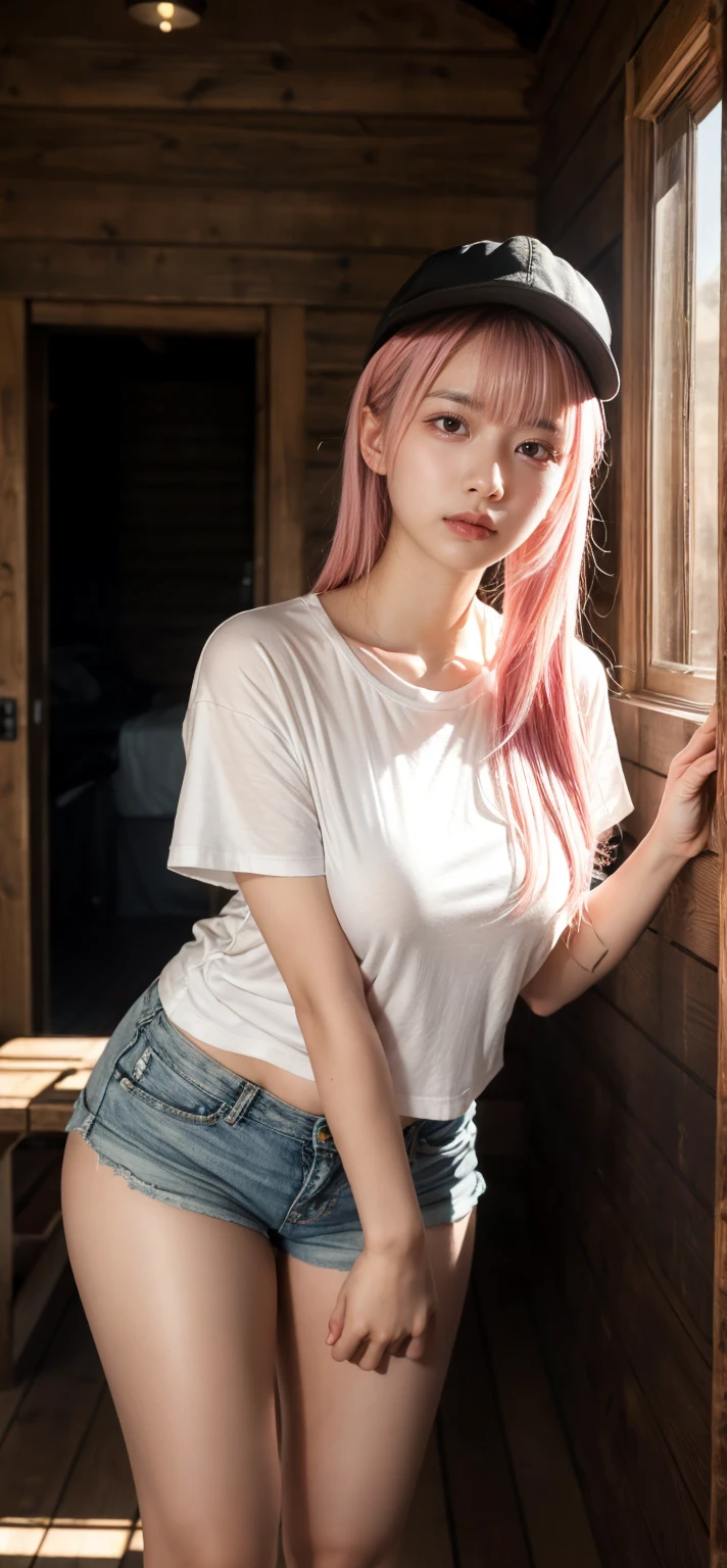 realistic, High resolution, soft light,1 female, alone, waist rises high, (detailed face),tattoo, jewelry, Current school classroom,on the podium,please wear uniform、(black flared skirt),Biggest,chest is low, long hair、((ponytail))、((Panty shot))、((mix4))、((exterior々Color panties))、((pink haired))