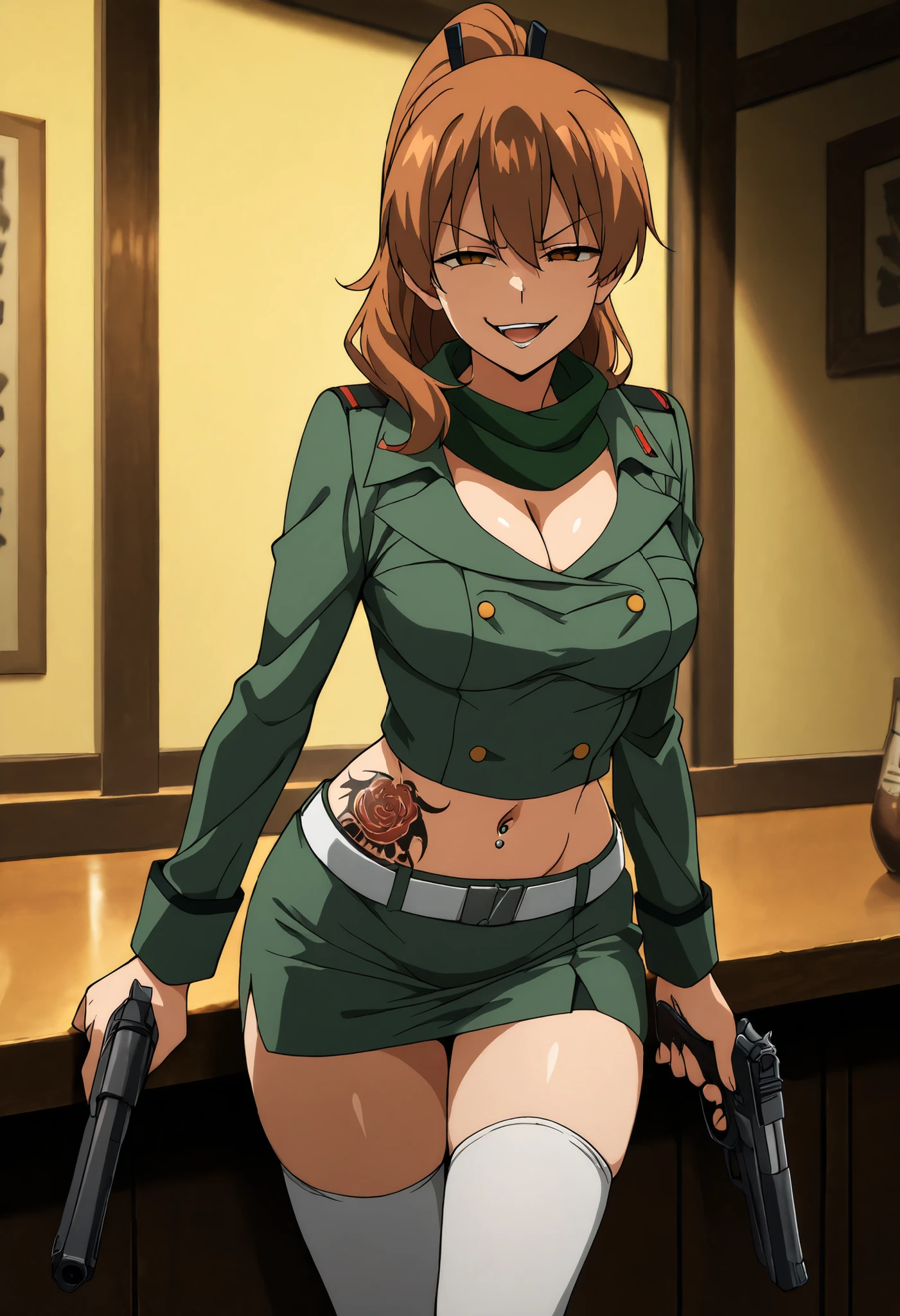 masterpiece, best quality, newest, solo, 1girl, s3ryu, , crazy smile, , looking at viewer, , long hair, brown hair, ponytail, brown eyes, half eyes closed, v-shaped eyebrows, short dress, green dress, buttons, double-breasted, white belt, white thighhighs, green scarf, bar background, inside bar, indoors, , masterpiece, best quality, highly detailed, a anime girl in military uniforms ,military outfit, open mouth, cleavage, evil smile, smile,, (nsfw) not safe for work, official artwork, , , micro pencil skirt, pencil skirt, micro skirt, exposed belly, exposed navel, exposed midriff, exposed lower belly, holding a gun, holding pistol ,navel piercing,, mature female, waist dragon tattoo, narrowed eyes, tattoo waist, anipai_style , anime screencap , anime coloring