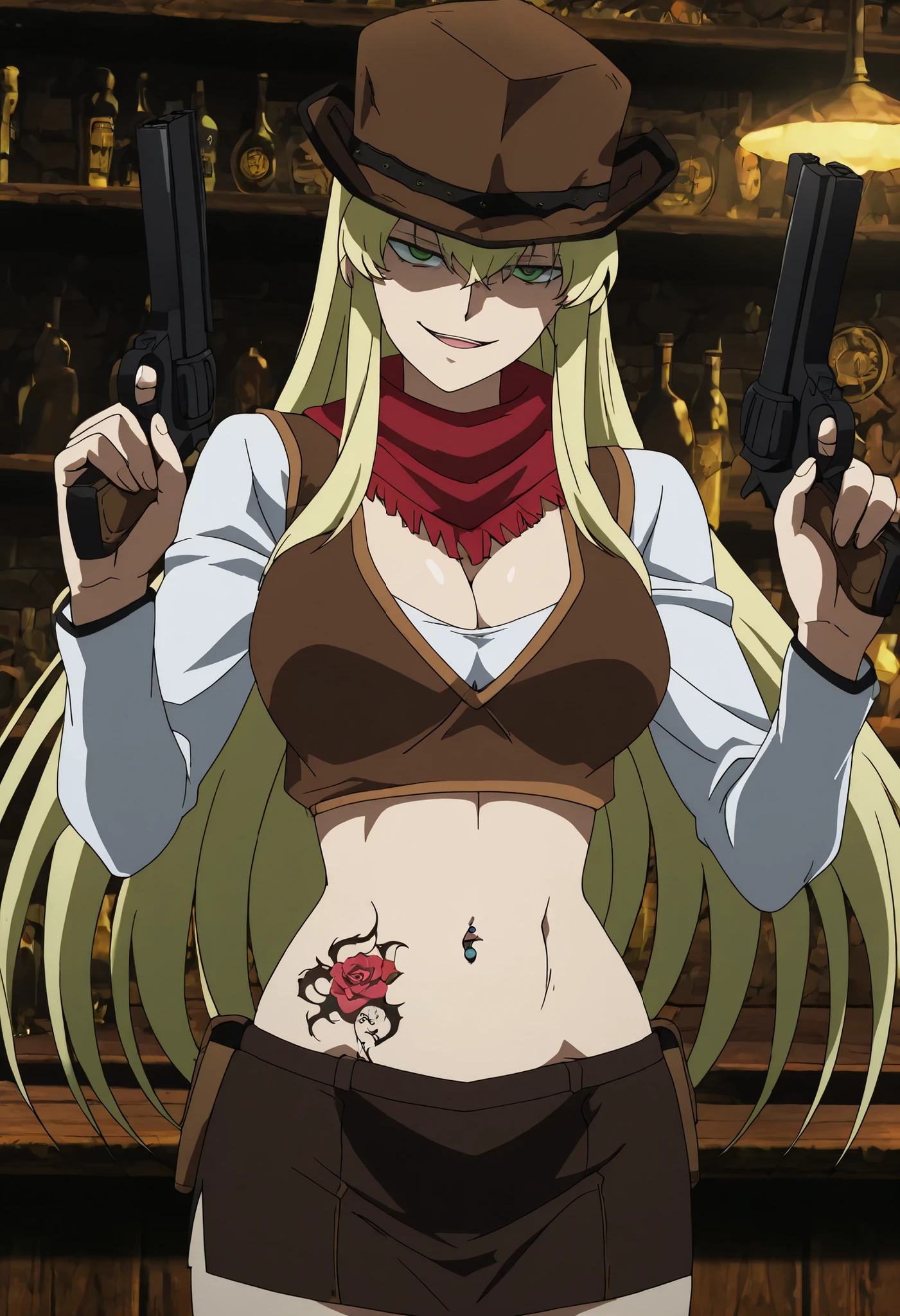 masterpiece, best quality, newest, absurdres, very aesthetic, Doya, 1girl, solo, , blonde hair, long hair, bangs between eyes, green eyes, brown hat, brown vest, white undershirt, red scarf, long-sleeves, smirk, , holding weapon, firearm, gun, looking at the viewer, bar background, inside bar, indoors, , masterpiece, best quality, highly detailed, , open mouth, cleavage, evil smile, , (nsfw) not safe for work, official artwork, ,, micro pencil skirt, , micro skirt, exposed belly, exposed navel, exposed midriff, exposed lower belly, holding a gun, holding pistol ,,bellybutton ,navel piercing,,medium large breasts, waist dragon tattoo, narrowed eyes, tattoo waist, anipai_style , anime screencap , anime coloring