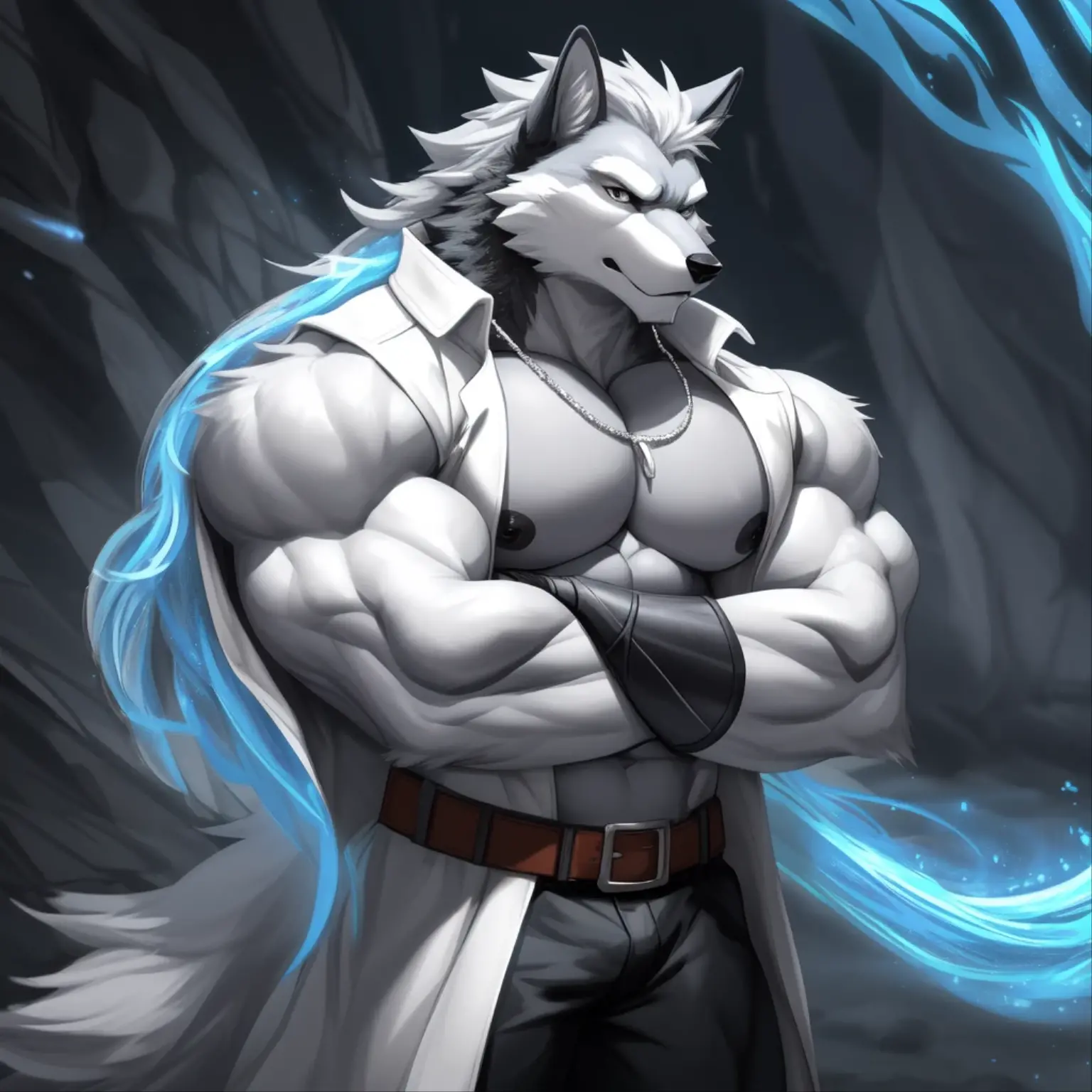 (upload on e621) (Masterpiece) (by Drks) (best quality) (ultra high res) 4K (8k HD) 2D (perfect anatomy) (digital art) (official art) (extreme detailed) (ultra detailed) (strapsanime) color (soft shading) (sharp focus) (waterfall background) 1man silver body fur silver belly detailed fluffy fur (ultra detailed face) detailed eyes detailed iris eyes detailed silver eyes (white sclera) black pupils big navel abs bare pectoral (((huge black shiny nipples))) black claw nails furry wolf male mature male silver giant bulky muscular body fur giant size canid (((huge muscles))) (((hyper muscles))) huge pecs (((oversize pecs))) huge biceps (((giant biceps))) (((fullbody))) canine canis mammal powerful wolf god wolf male calm cool collected demeanor face badass wolf anthro solo standing (((wearing silver full complete sleeveless long trench coat jacket))) (((silver longest length hair))) (((silver longest length back fur hair))) (((silver longest length hair fur front lay on pecs))) (((perfect fingers))) (((five fingers))) silver hands and fingers (((wearing silver fingerless gloves))) (((silver arm bands on his biceps))), (((three silver arm bands on his forearms))) (((dark black huge bead necklaces))) (((dark black huge longer bead necklaces around neck to pecs))) (((silver long wolf tail))) (((silver long pants with silver lines with belt straps on both legs))) (((silver electricity and glitter sparkle effect aura flow entire body))) (((silver blue glowing aura on his whole body))) (((crossed arm pose)))